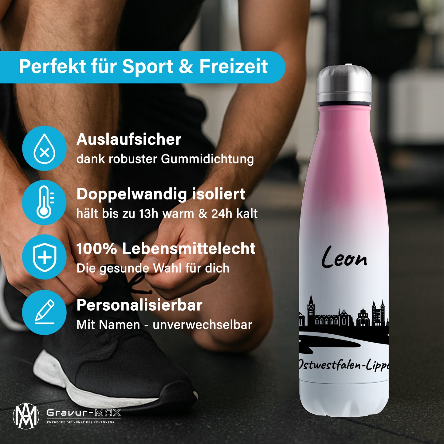 Trinkflasche in Weiß/Pink 500ml aus Edelstahl bedruckt mit der Skyline von Ostwestfalen-Lippe personalisierbar mit Wunschname