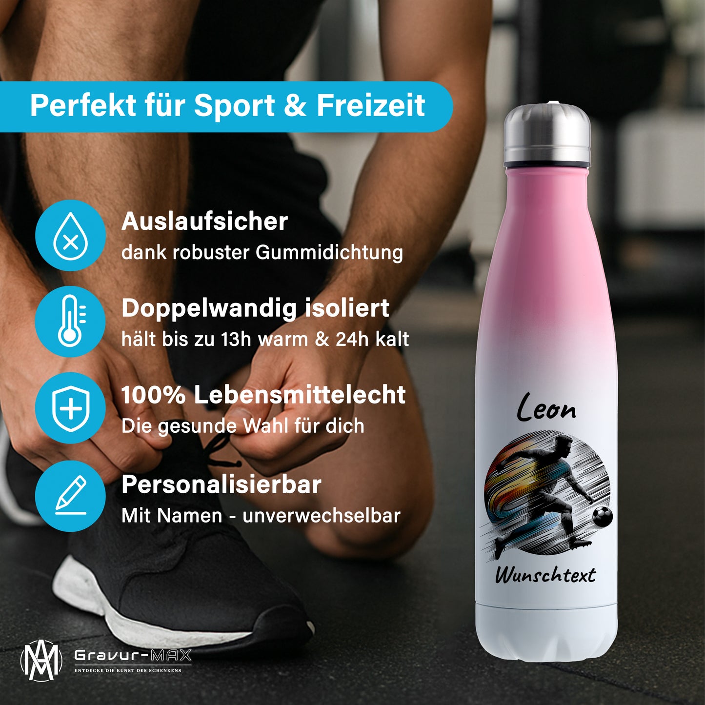 Thermoflasche 500ml in Weiß/Pink aus Edelstahl bedruckt "Fußball" Motiv2 personalisierbar mit Wunschname & Text