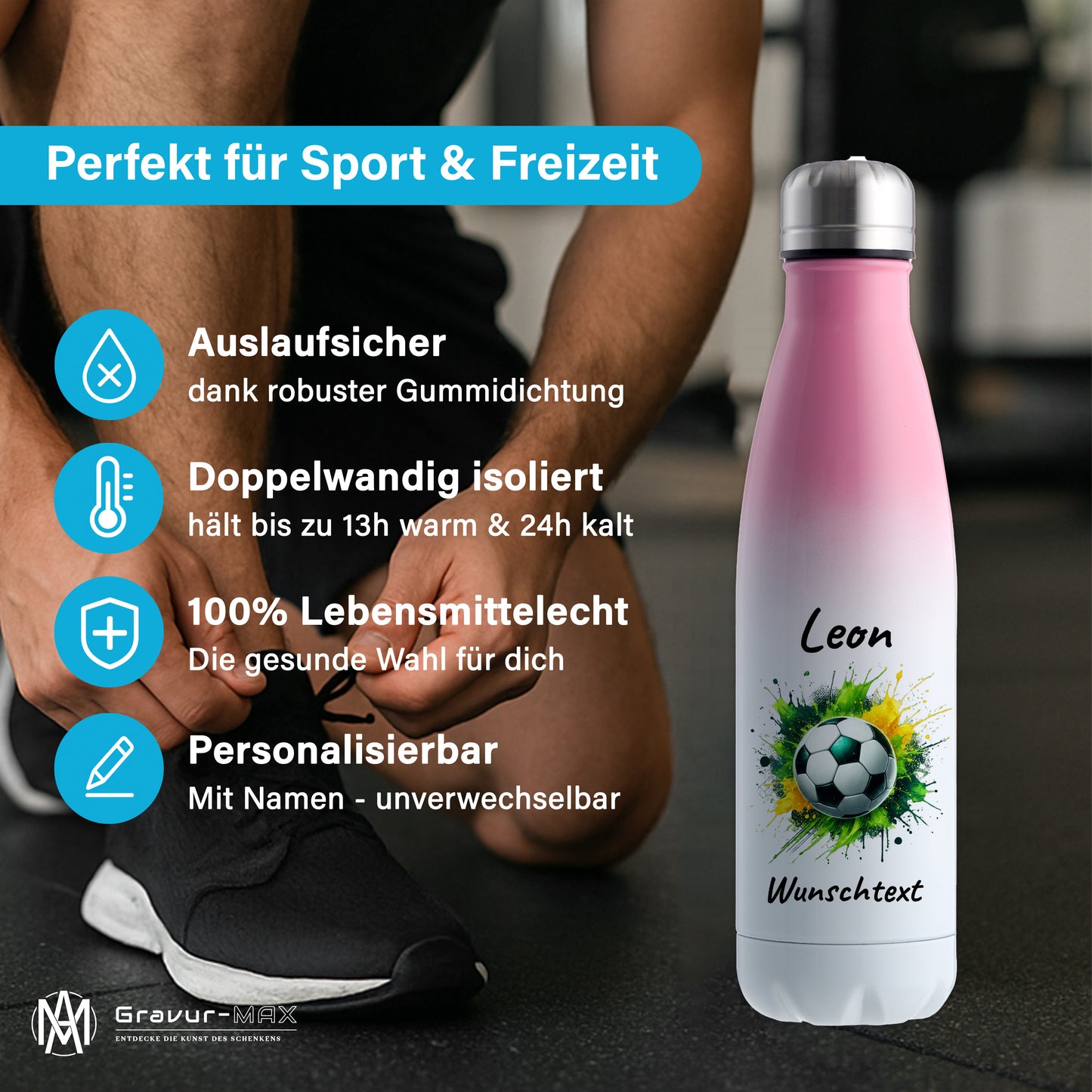 Thermoflasche 500ml in Weiß/Pink aus Edelstahl bedruckt "Fußball" Motiv11 personalisierbar mit Wunschname & Text