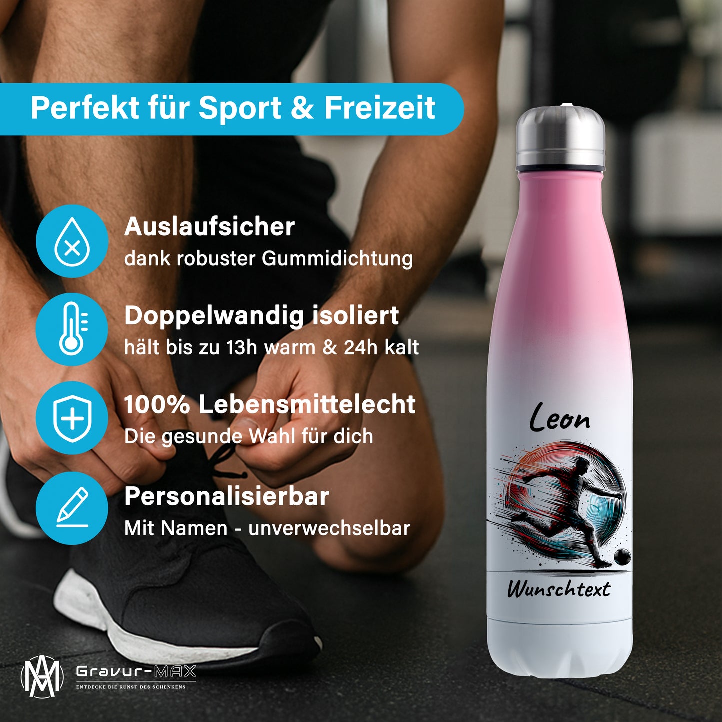 Thermoflasche 500ml in Weiß/Pink aus Edelstahl bedruckt "Fußball" Motiv3 personalisierbar mit Wunschname & Text