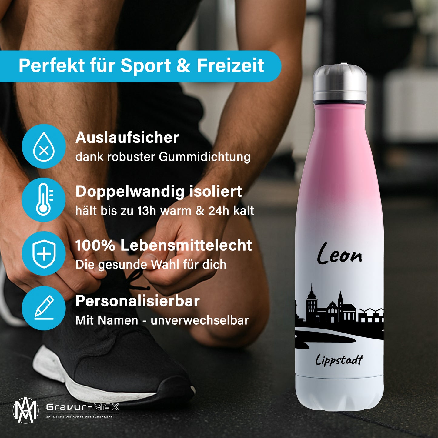Trinkflasche in Weiß/Pink 500ml aus Edelstahl bedruckt mit der Skyline von Lippstadt personalisierbar mit Wunschname
