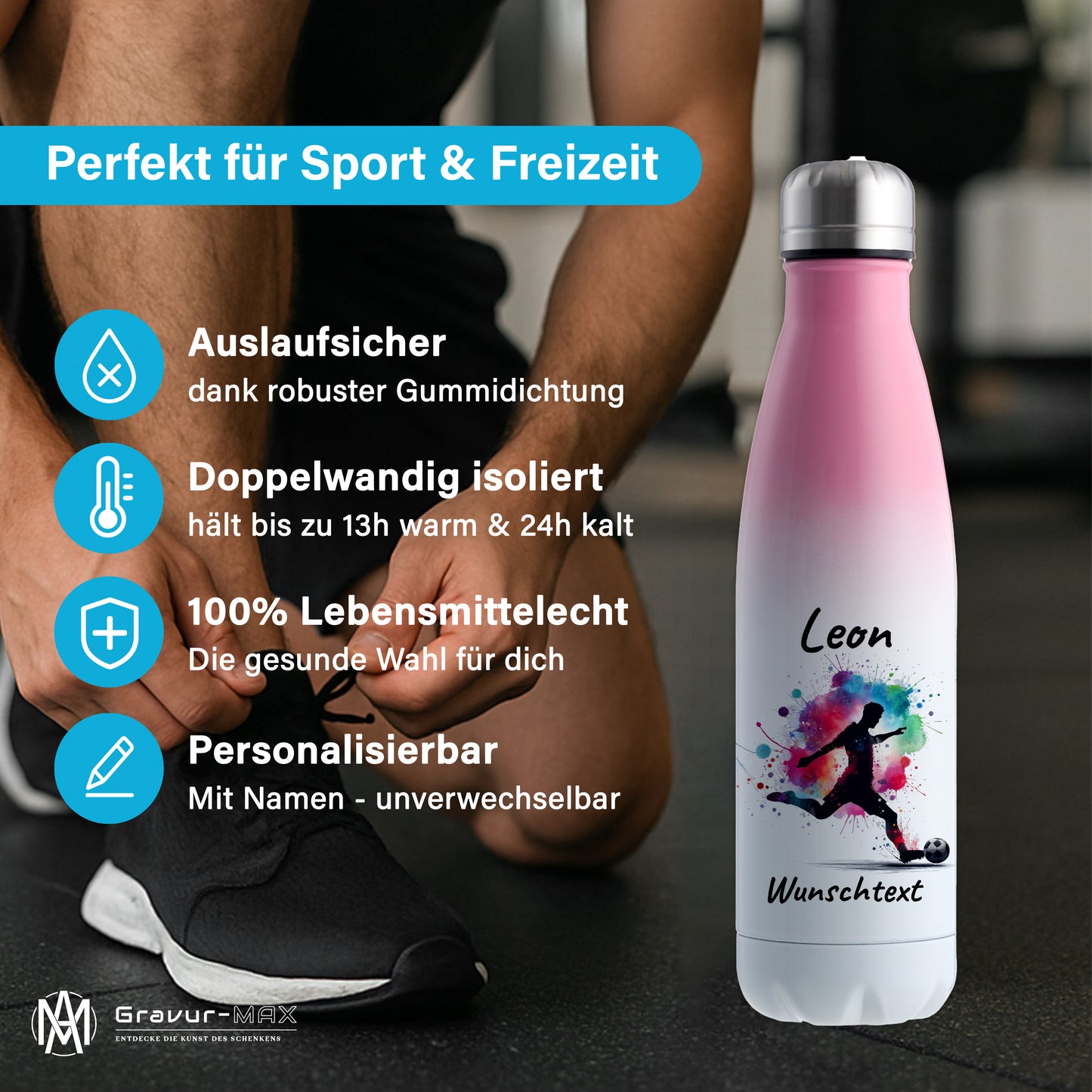 Thermoflasche 500ml in Weiß/Pink aus Edelstahl bedruckt "Fußball" Motiv4 personalisierbar mit Wunschname & Text