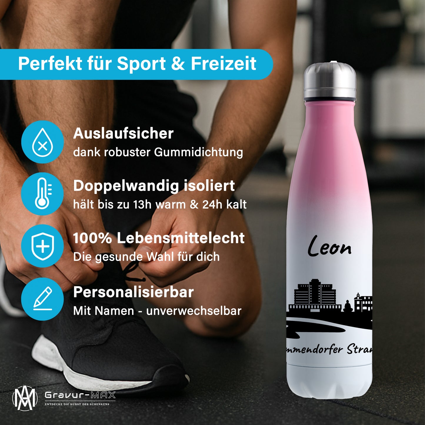 Trinkflasche in Weiß/Pink 500ml aus Edelstahl bedruckt mit der Skyline von Timmendorfer Strand personalisierbar mit Wunschname