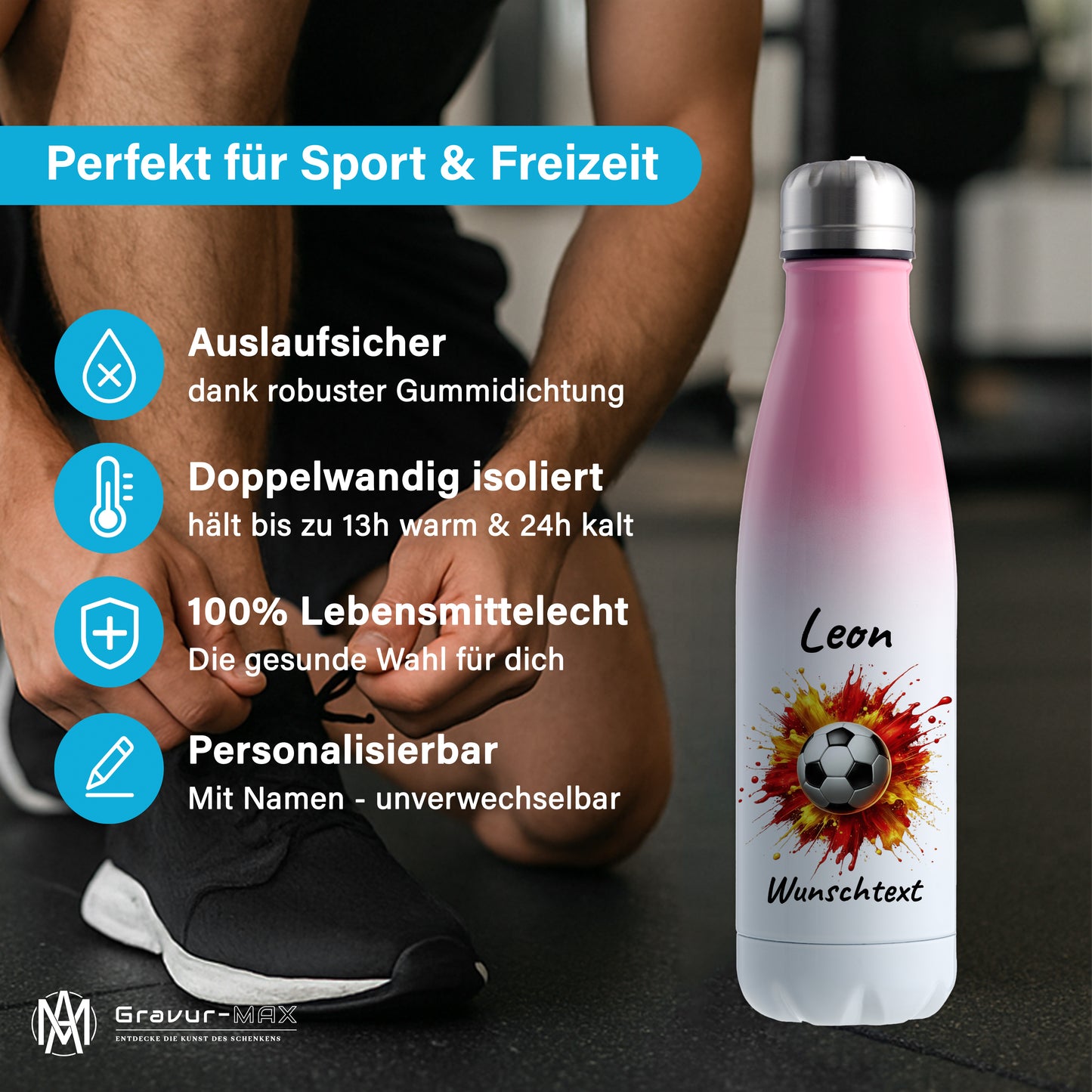Thermoflasche 500ml in Weiß/Pink aus Edelstahl bedruckt "Fußball" Motiv9 personalisierbar mit Wunschname & Text