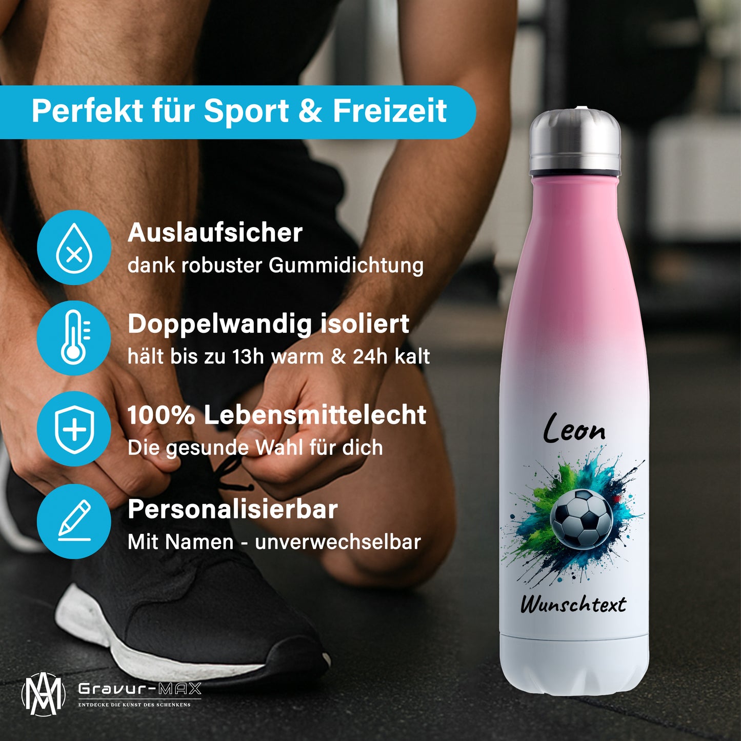 Thermoflasche 500ml in Weiß/Pink aus Edelstahl bedruckt "Fußball" Motiv8 personalisierbar mit Wunschname & Text
