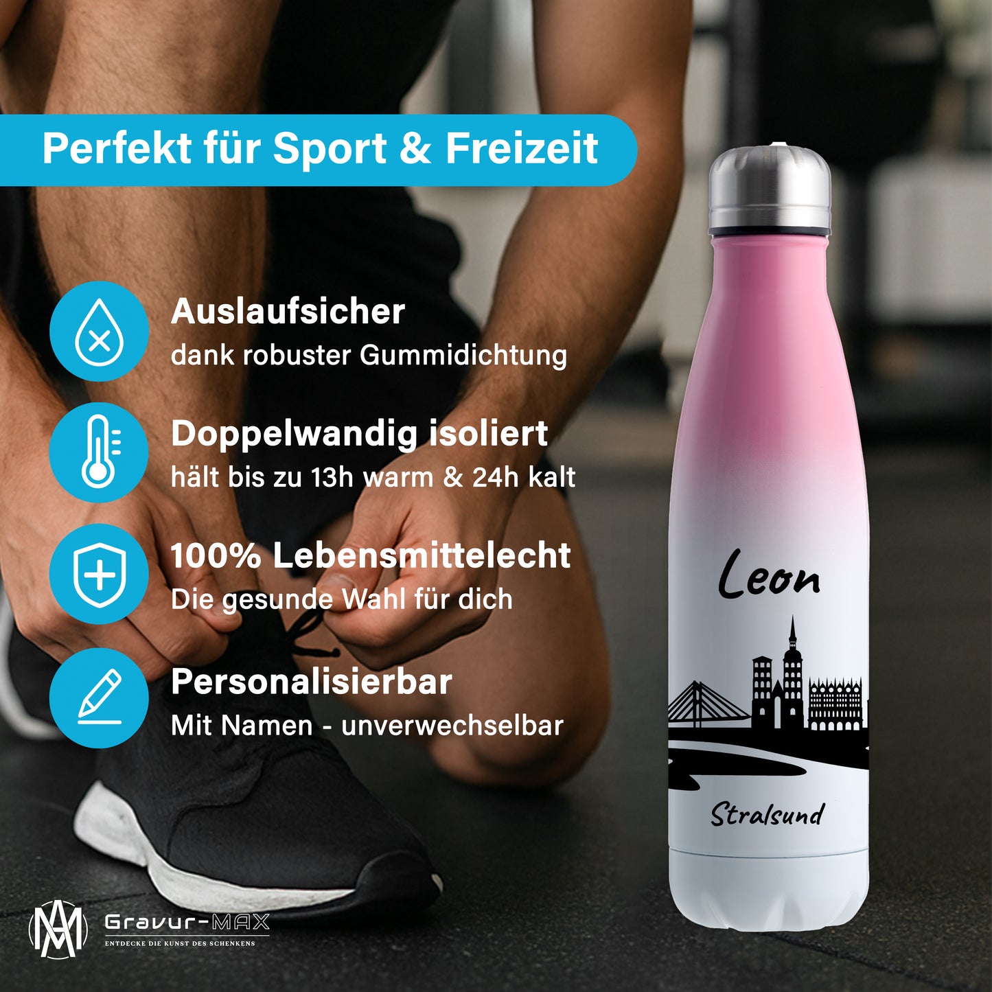 Trinkflasche in Weiß/Pink 500ml aus Edelstahl bedruckt mit der Skyline von Stralsund personalisierbar mit Wunschname