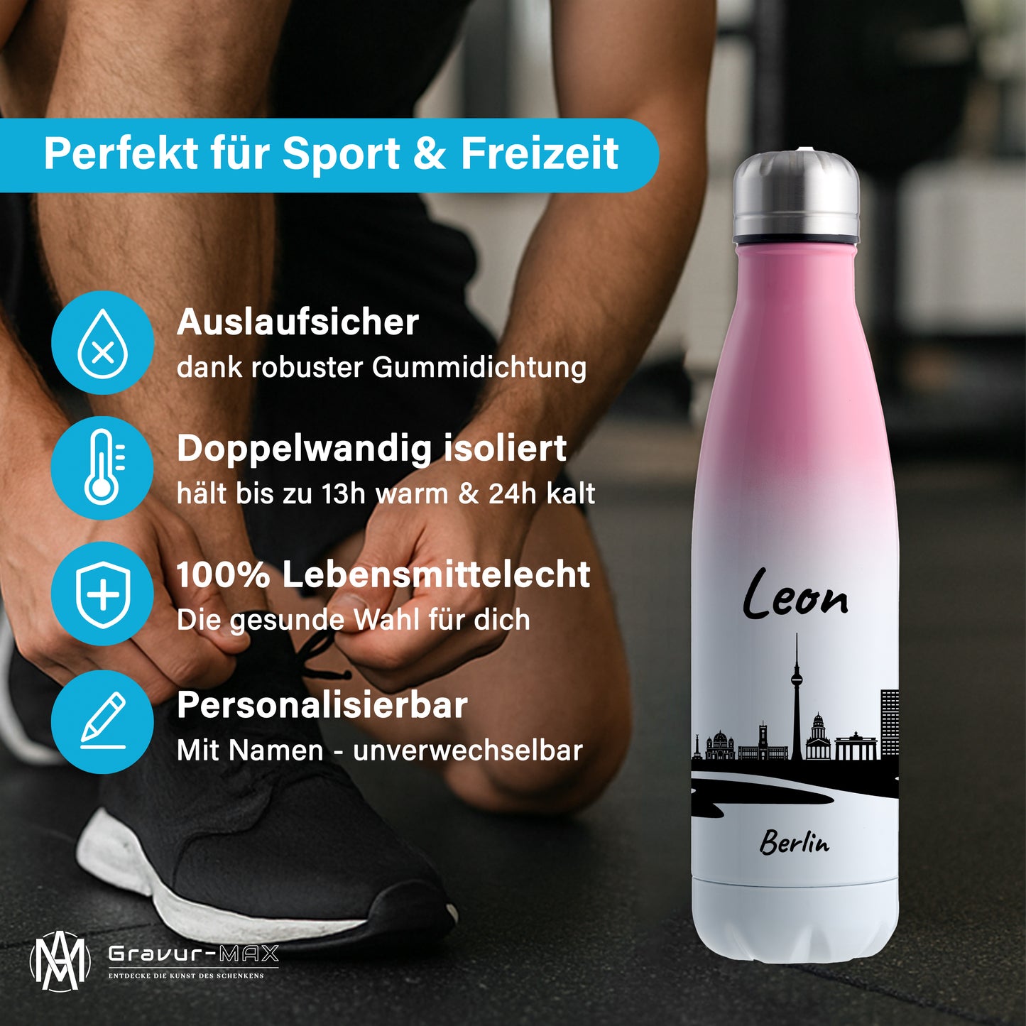 Trinkflasche in Weiß/Pink 500ml aus Edelstahl bedruckt mit der Skyline von Berlin personalisierbar mit Wunschname