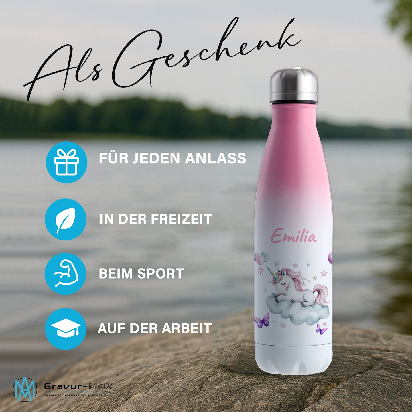 Thermoflasche 500ml in Weiß/Pink bedruckt mit tollen Motiven für Kinder "Einhorn Wolke" personalisierbar mit Wunschname