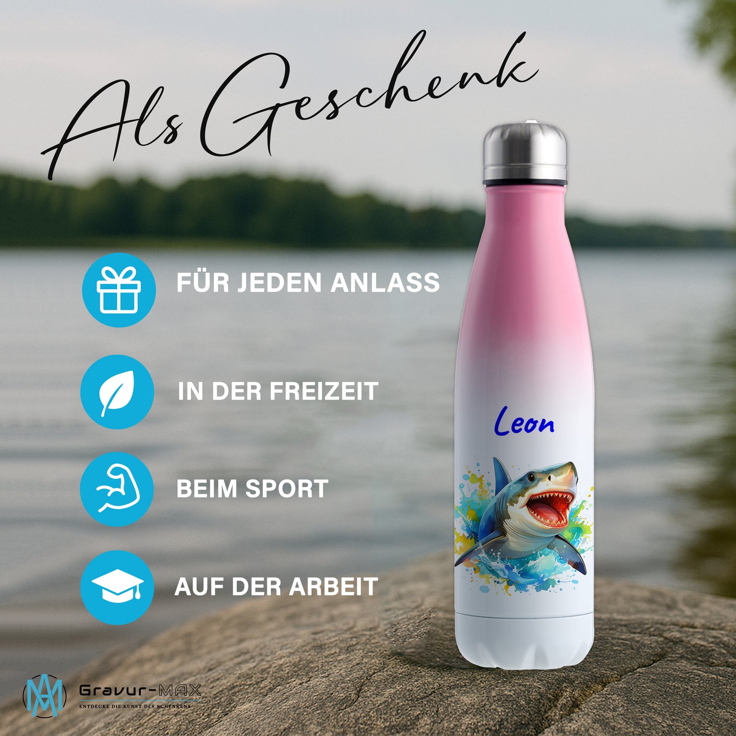 Thermoflasche 500ml in Weiß/Pink bedruckt mit tollen Motiven für Kinder "Hai" personalisierbar mit Wunschname
