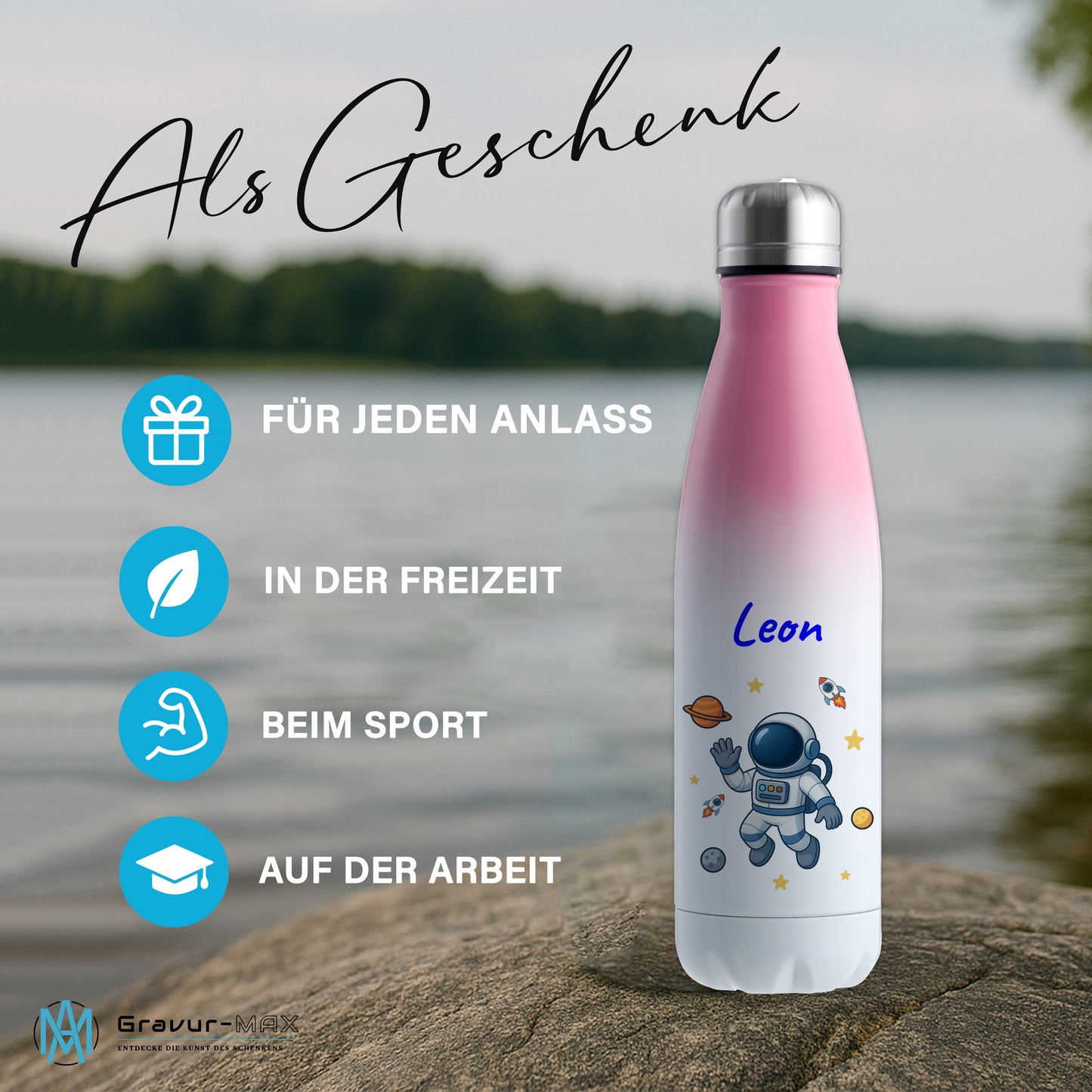 Thermoflasche 500ml in Weiß/Pink bedruckt mit tollen Motiven für Kinder "Astronaut" personalisierbar mit Wunschname