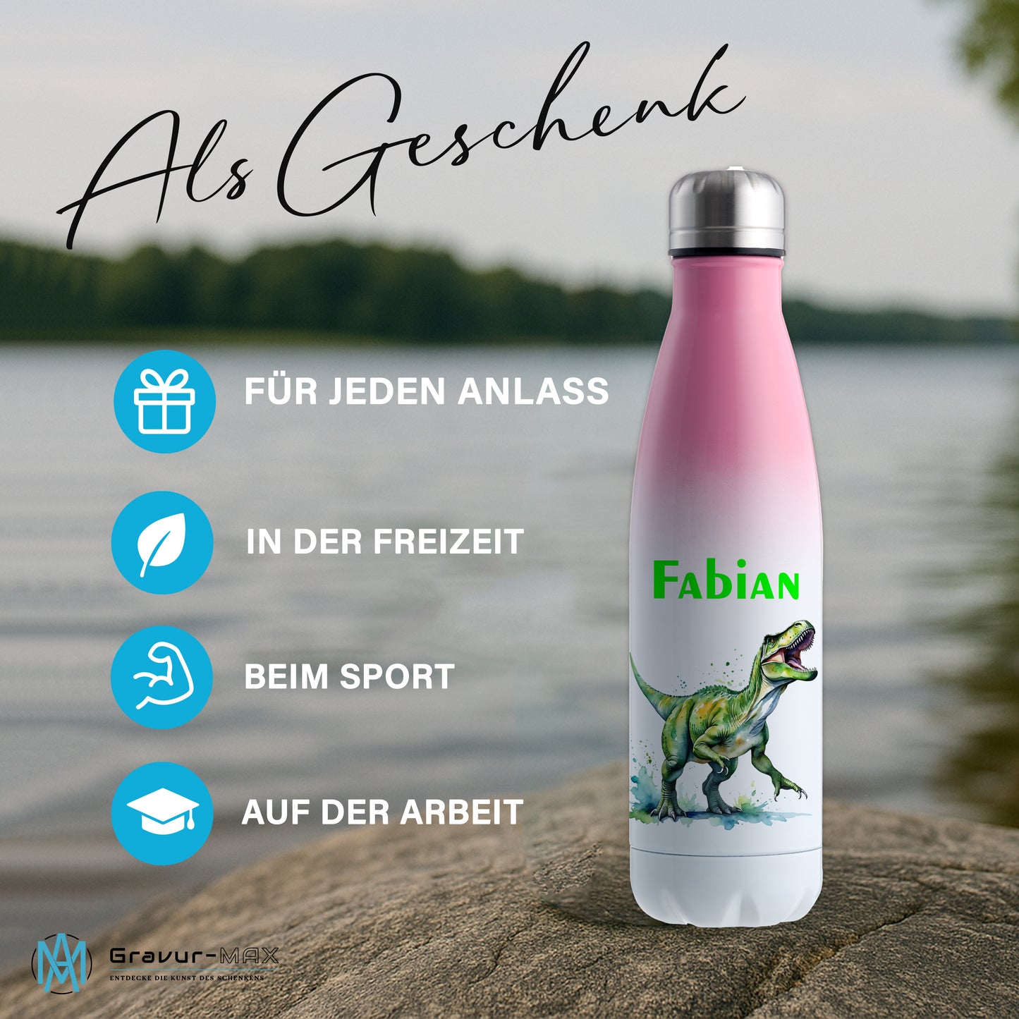 Thermoflasche 500ml in Weiß/Pink bedruckt mit tollen Motiven für Kinder "Dino T-Rex" personalisierbar mit Wunschname