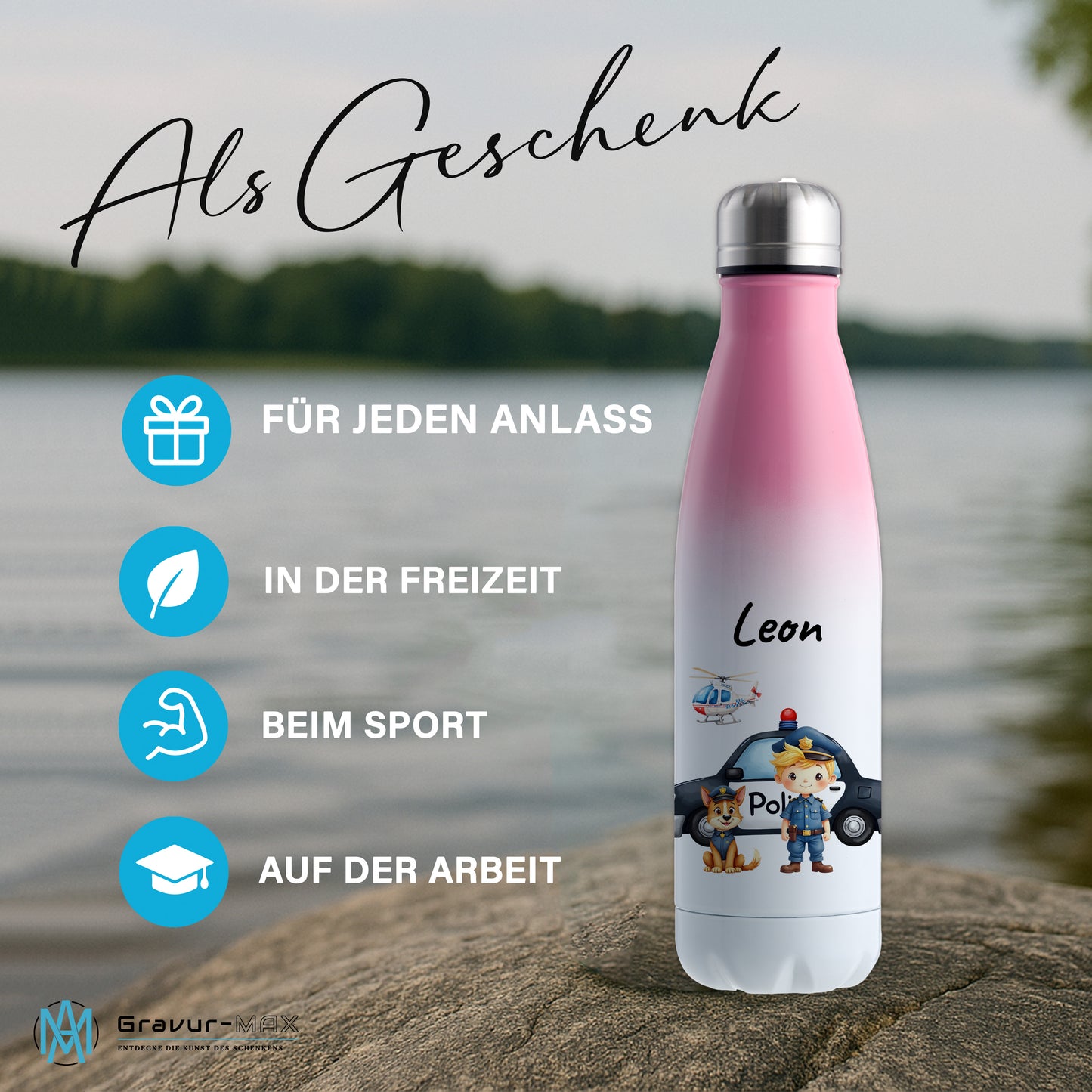 Thermoflasche 500ml in Weiß/Pink bedruckt mit tollen Motiven für Kinder "Polizei" personalisierbar mit Wunschname