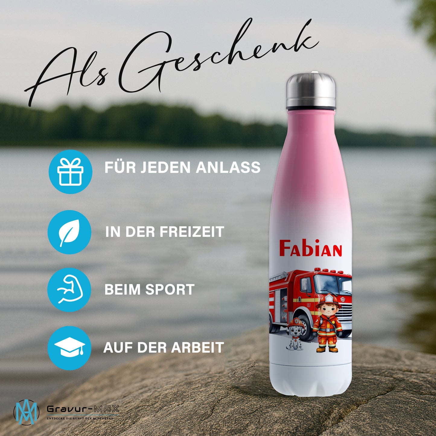 Thermoflasche 500ml in Weiß/Pink bedruckt mit tollen Motiven für Kinder "Feuerwehr" personalisierbar mit Wunschname