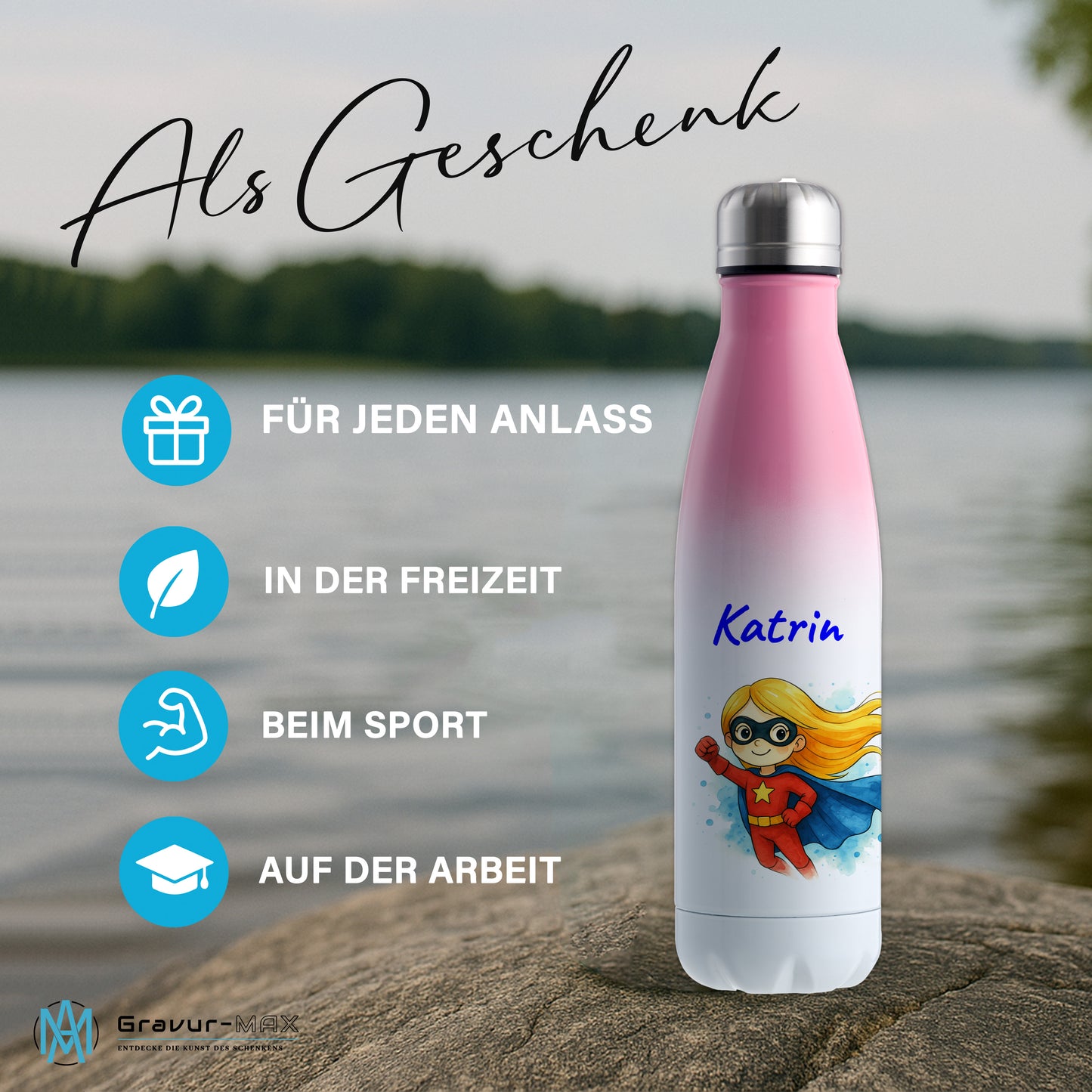Thermoflasche 500ml in Weiß/Pink bedruckt mit tollen Motiven für Kinder "Superheldin" personalisierbar mit Wunschname