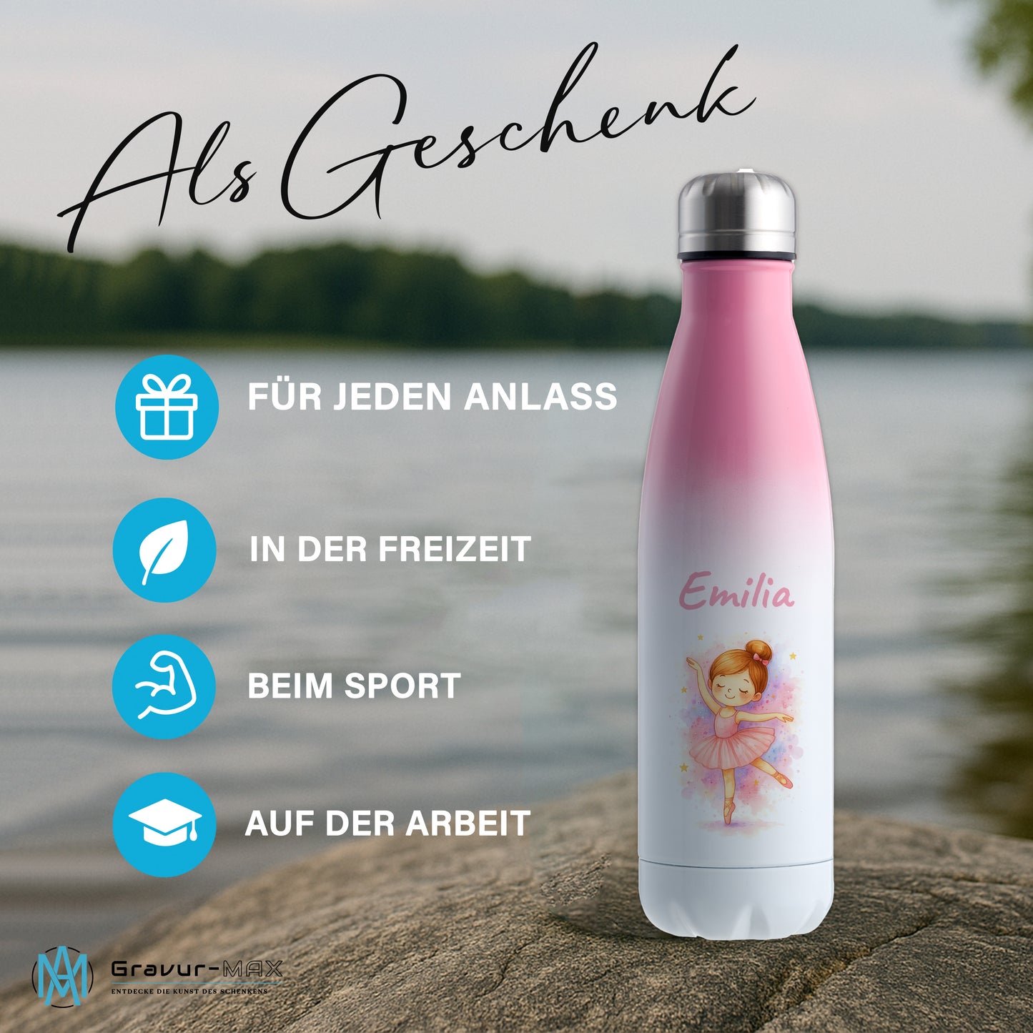 Thermoflasche 500ml in Weiß/Pink bedruckt mit tollen Motiven für Kinder "Ballerina" personalisierbar mit Wunschname