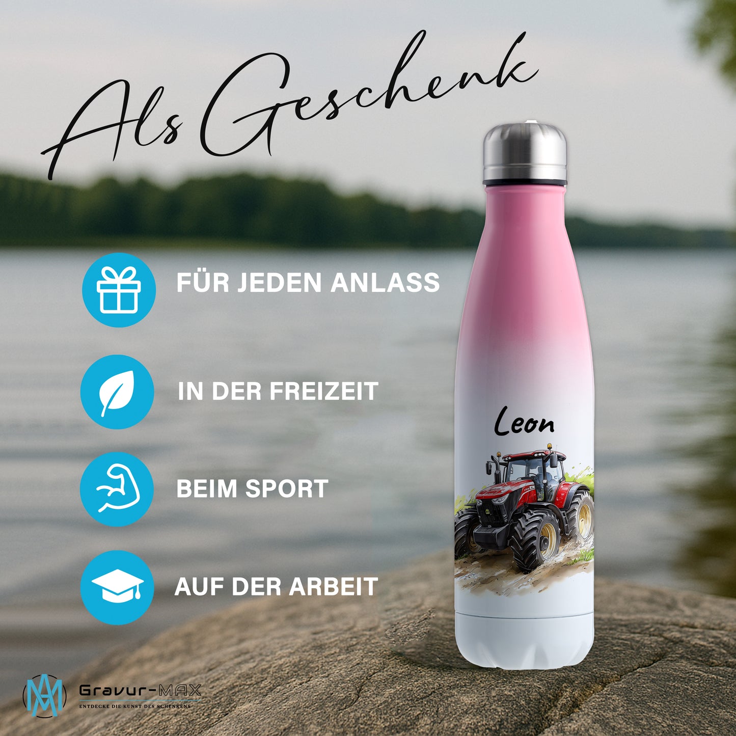 Thermoflasche 500ml in Weiß/Pink bedruckt mit tollen Motiven für Kinder "Traktor" personalisierbar mit Wunschname