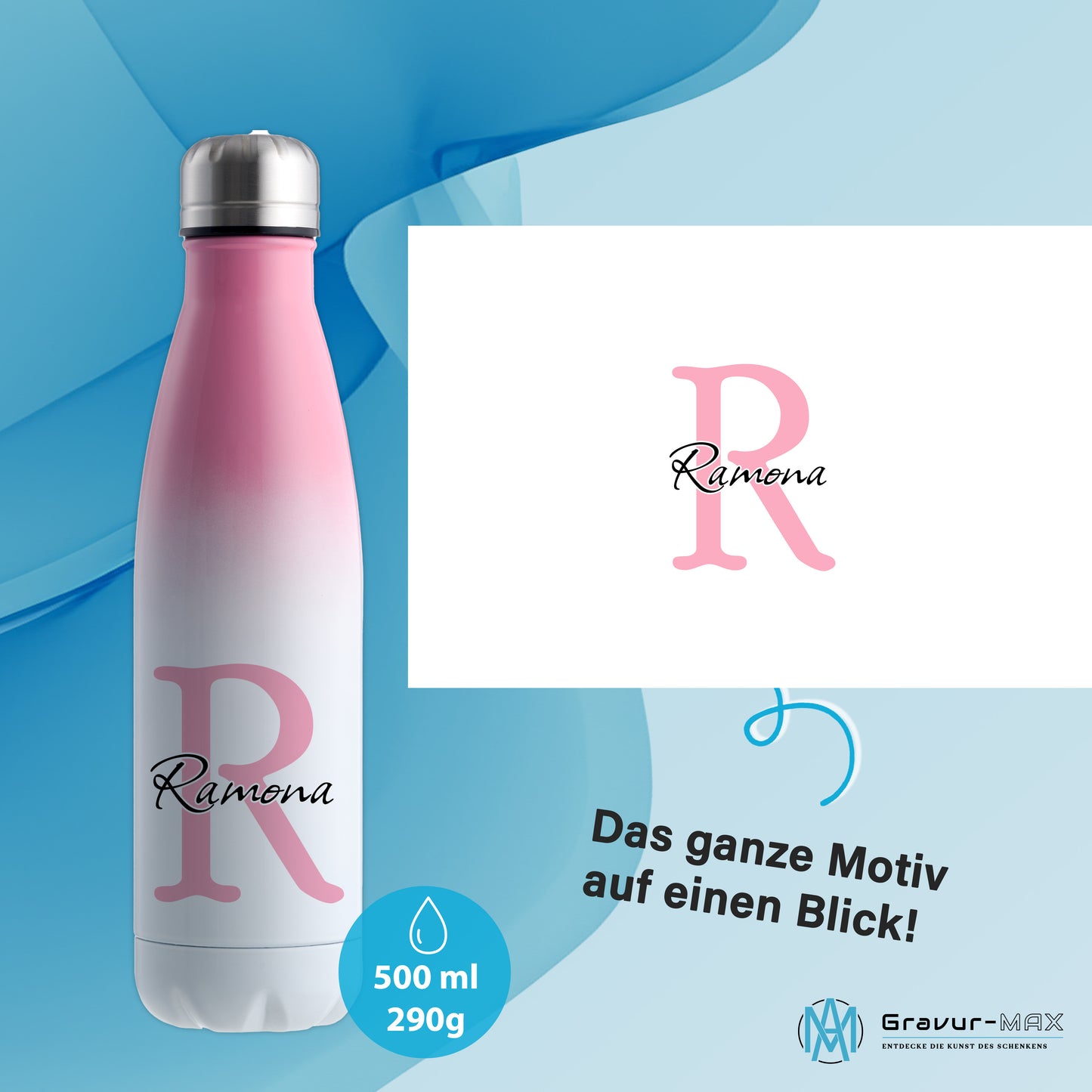 Thermoflasche 500ml aus Edelstahl in Weiß/Pink personalisierbar mit Wunschname auslaufsichere Trinkflasche