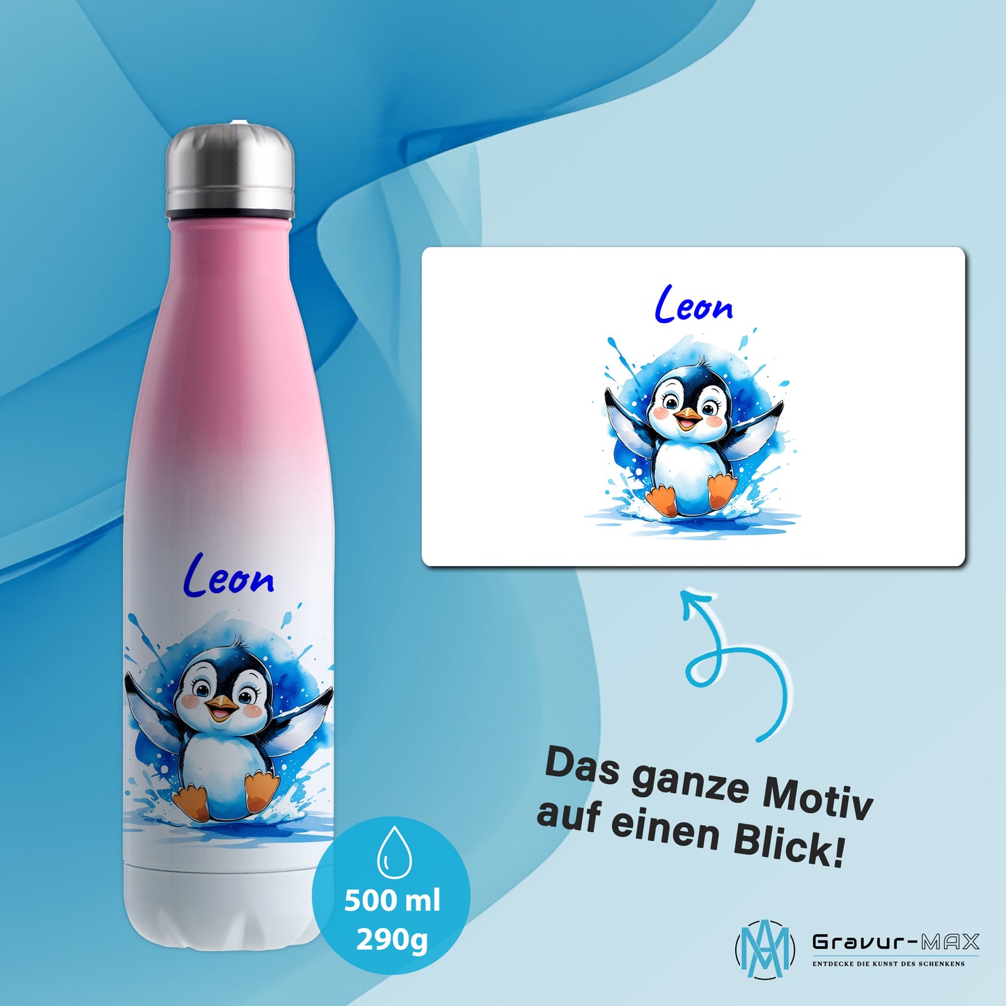 Trinkflasche in Weiß/Pink 500ml aus Edelstahl bedruckt mit niedlichen Tieren "Pinguin" personalisierbar für Kinder mit Wunschname