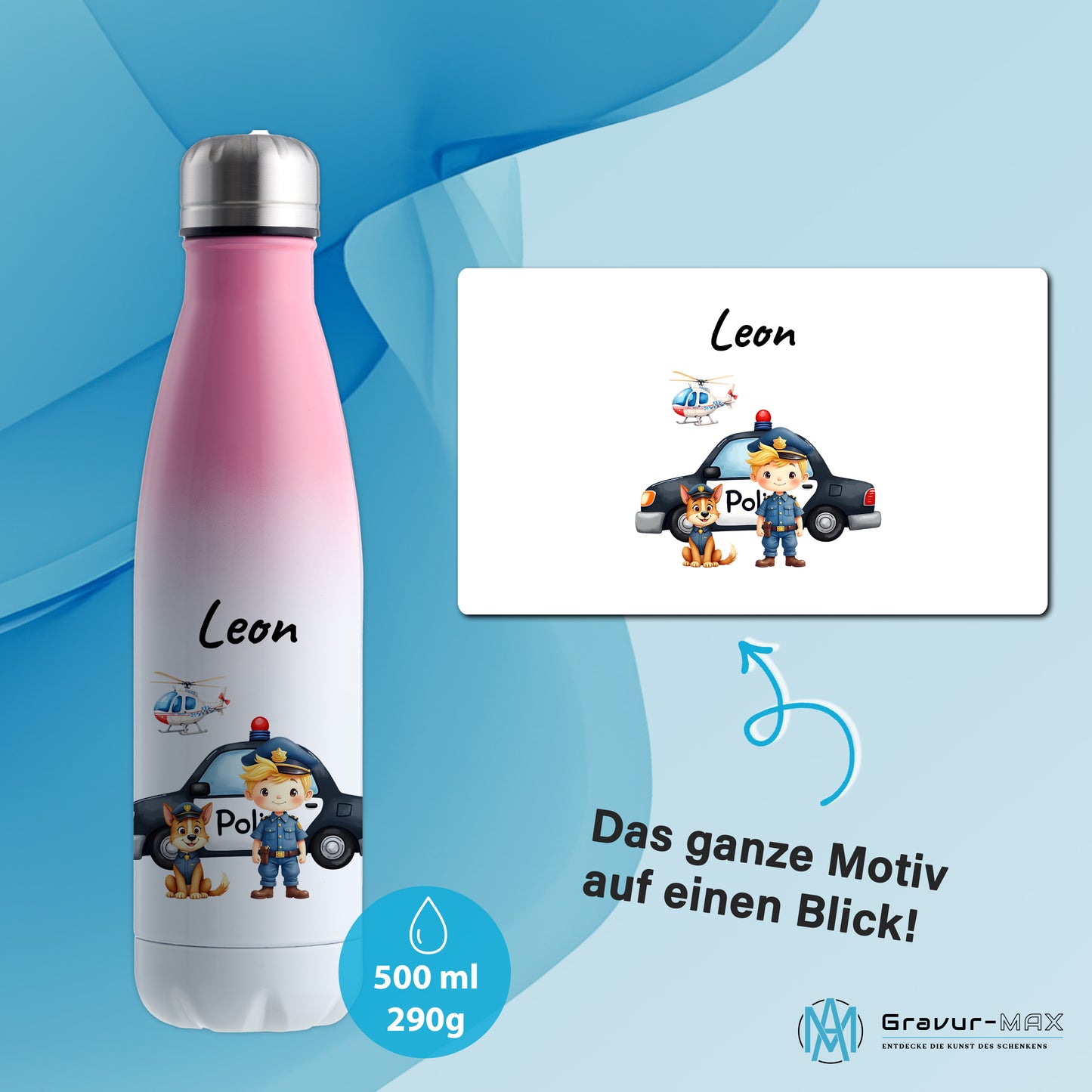 Thermoflasche 500ml in Weiß/Pink bedruckt mit tollen Motiven für Kinder "Polizei" personalisierbar mit Wunschname