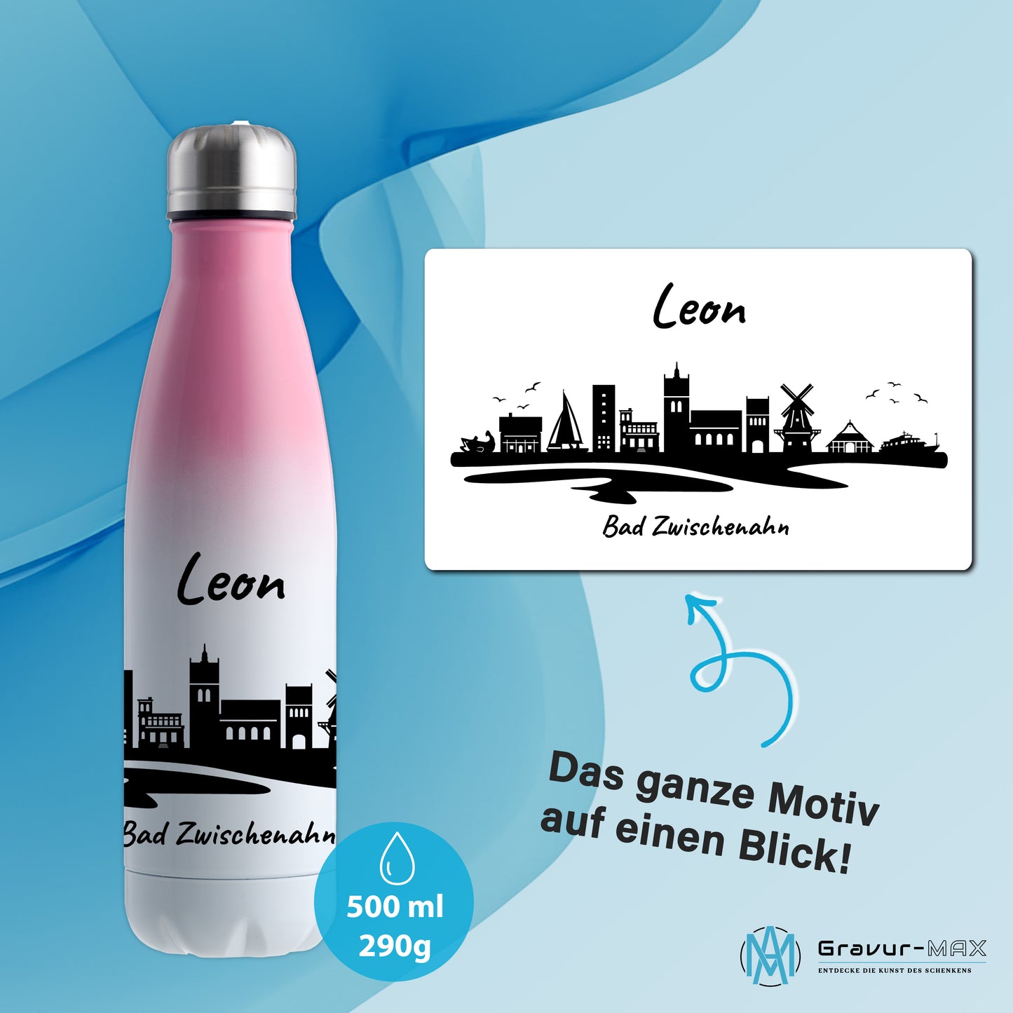 Trinkflasche in Weiß/Pink 500ml aus Edelstahl bedruckt mit der Skyline von Bad Zwischenahn personalisierbar mit Wunschname