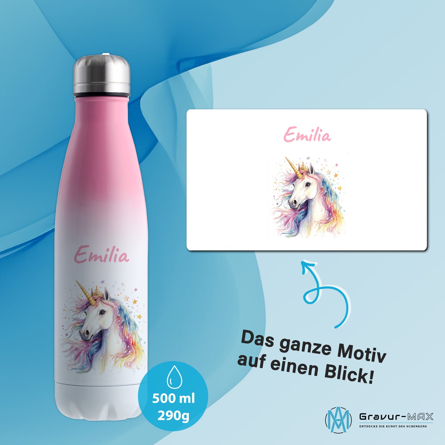 Thermoflasche 500ml in Weiß/Pink bedruckt mit tollen Motiven für Kinder "Einhorn" personalisierbar mit Wunschname