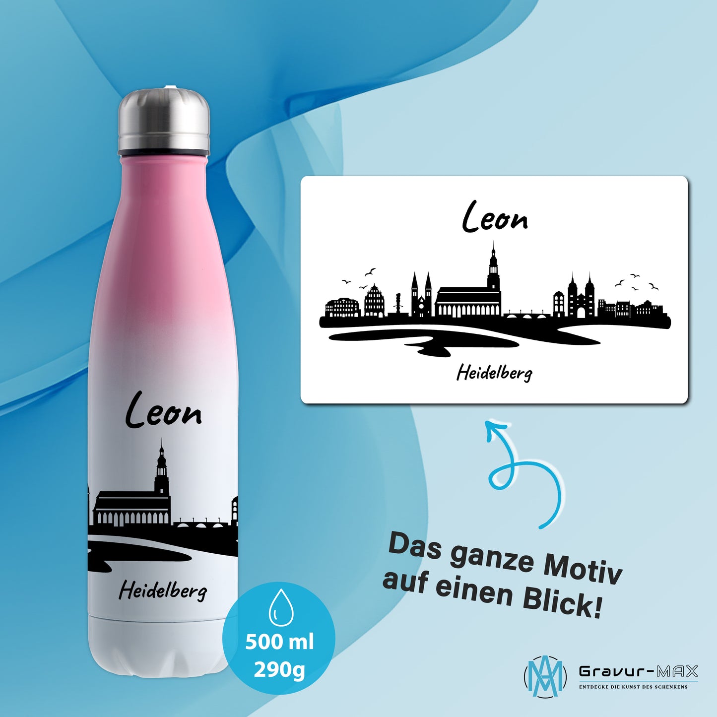 Trinkflasche in Weiß/Pink 500ml aus Edelstahl bedruckt mit der Skyline von Heidelberg personalisierbar mit Wunschname