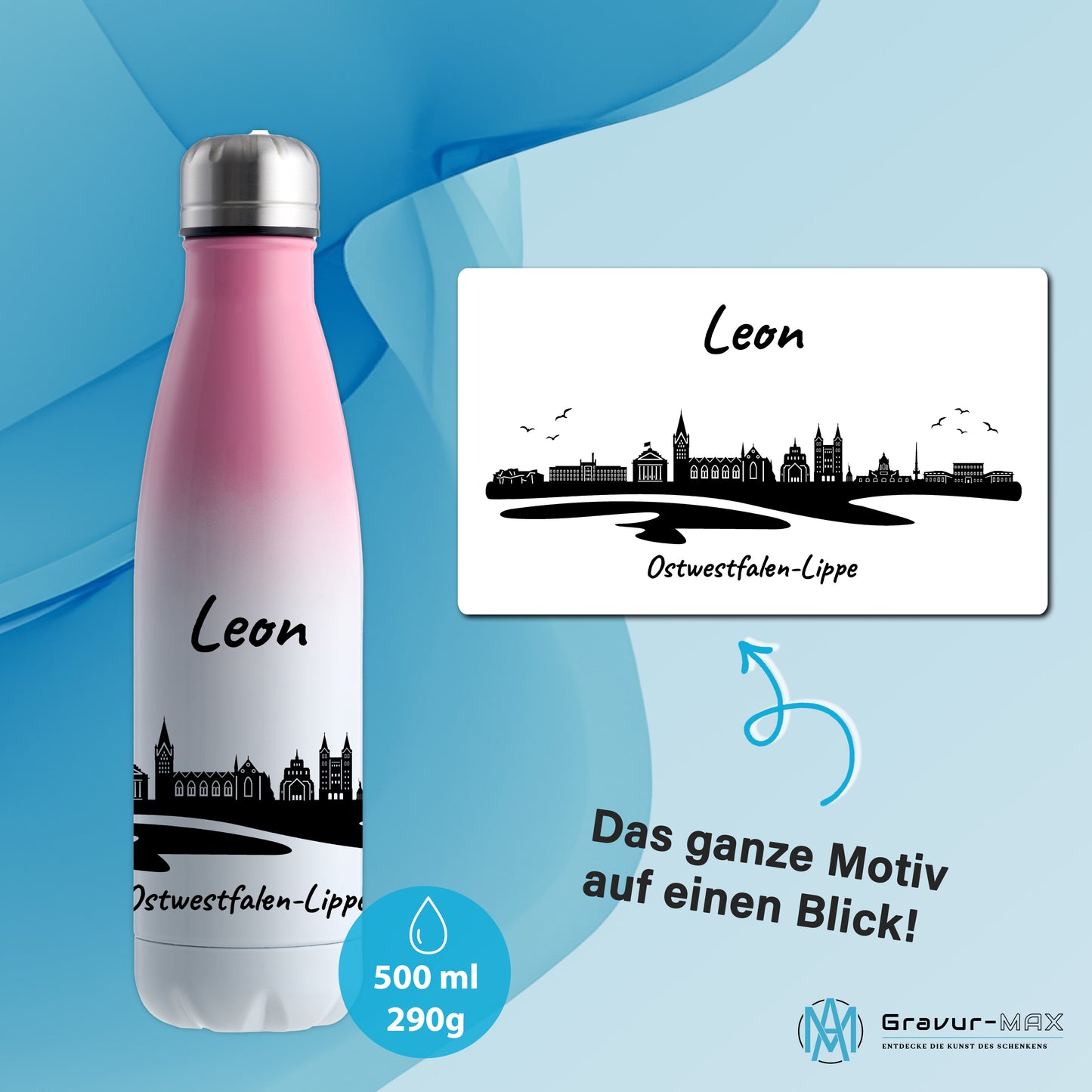 Trinkflasche in Weiß/Pink 500ml aus Edelstahl bedruckt mit der Skyline von Ostwestfalen-Lippe personalisierbar mit Wunschname