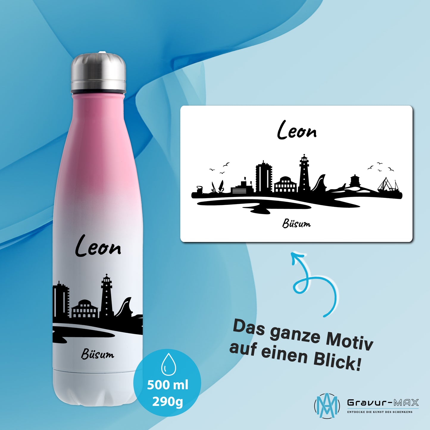 Trinkflasche in Weiß/Pink 500ml aus Edelstahl bedruckt mit der Skyline von Büsum personalisierbar mit Wunschname