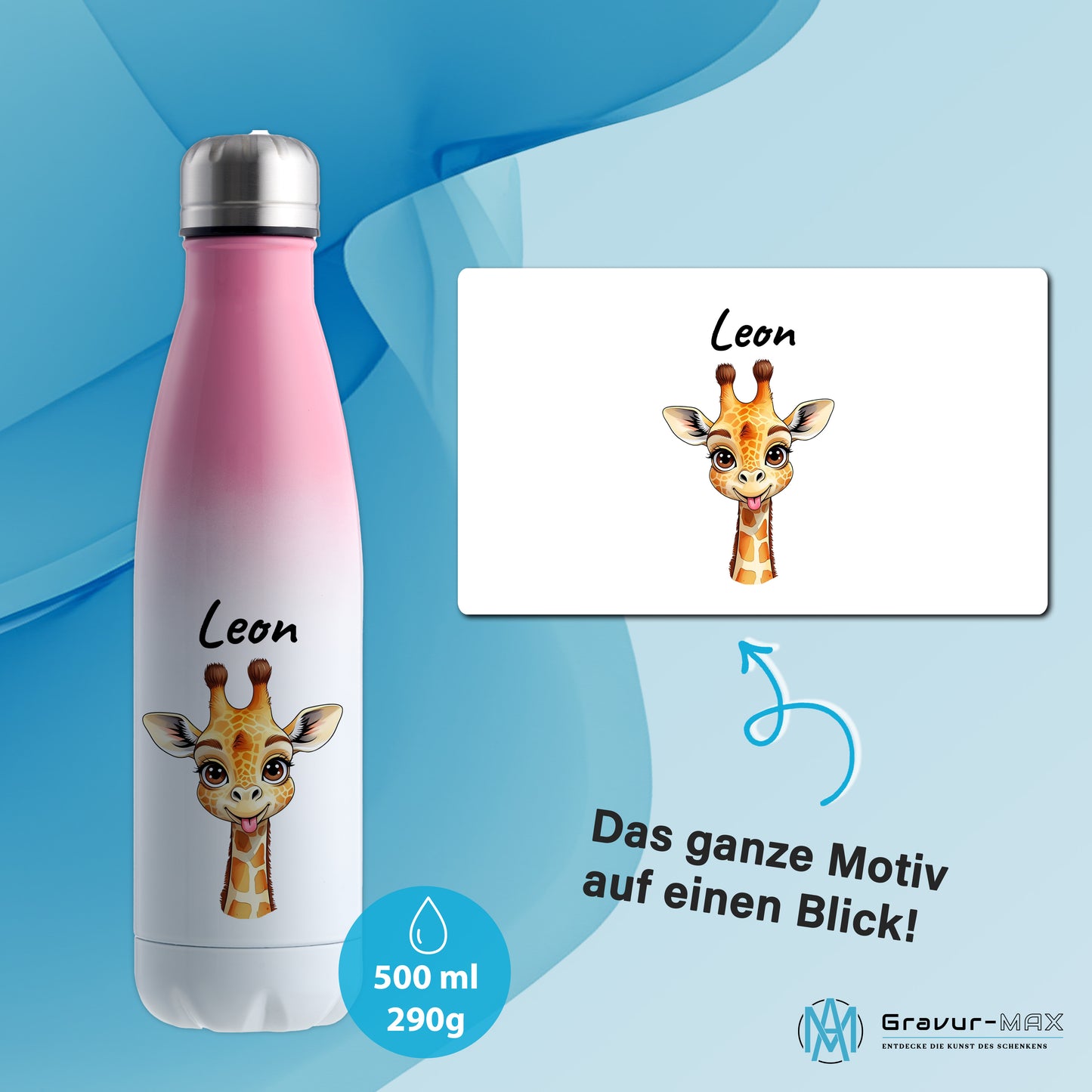 Trinkflasche in Weiß/Pink 500ml aus Edelstahl bedruckt mit niedlichen Tieren "Giraffe" personalisierbar für Kinder mit Wunschname