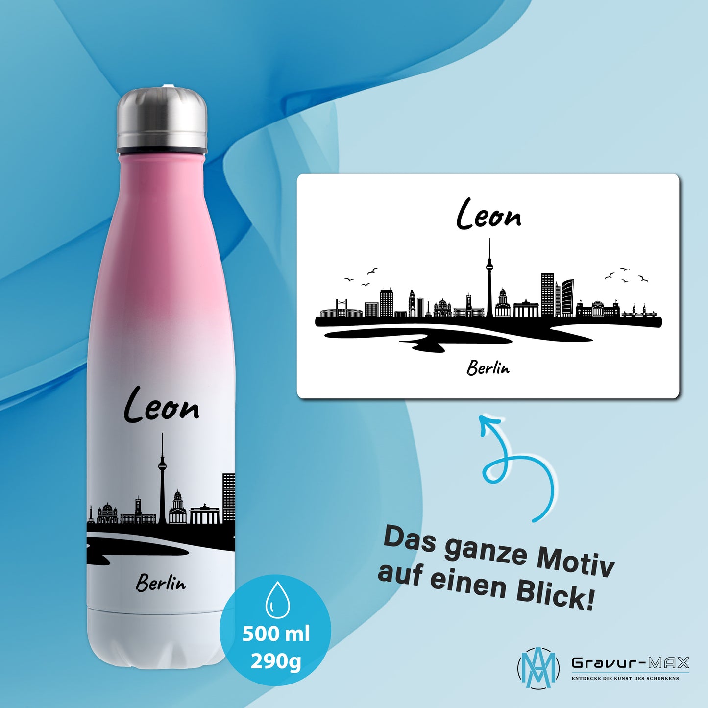 Trinkflasche in Weiß/Pink 500ml aus Edelstahl bedruckt mit der Skyline von Berlin personalisierbar mit Wunschname