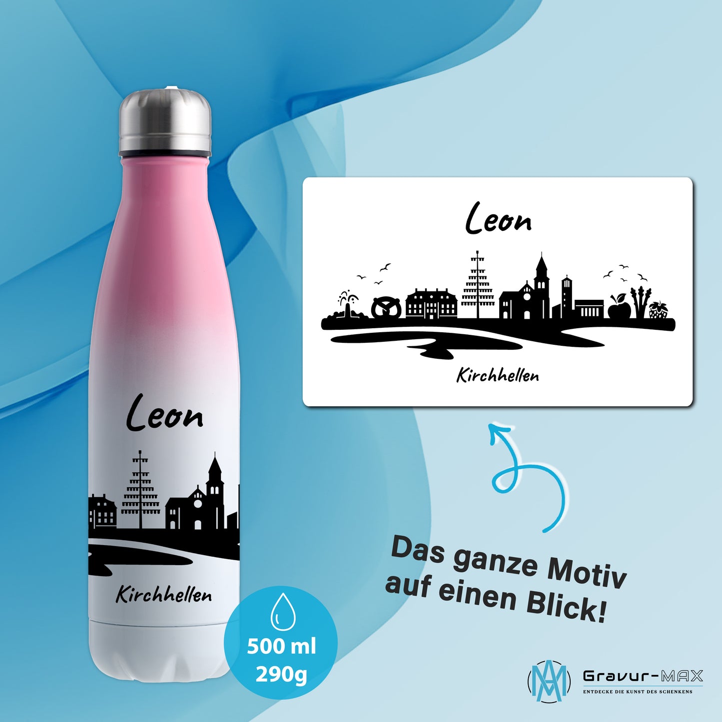 Trinkflasche in Weiß/Pink 500ml aus Edelstahl bedruckt mit der Skyline von Kirchhellen personalisierbar mit Wunschname