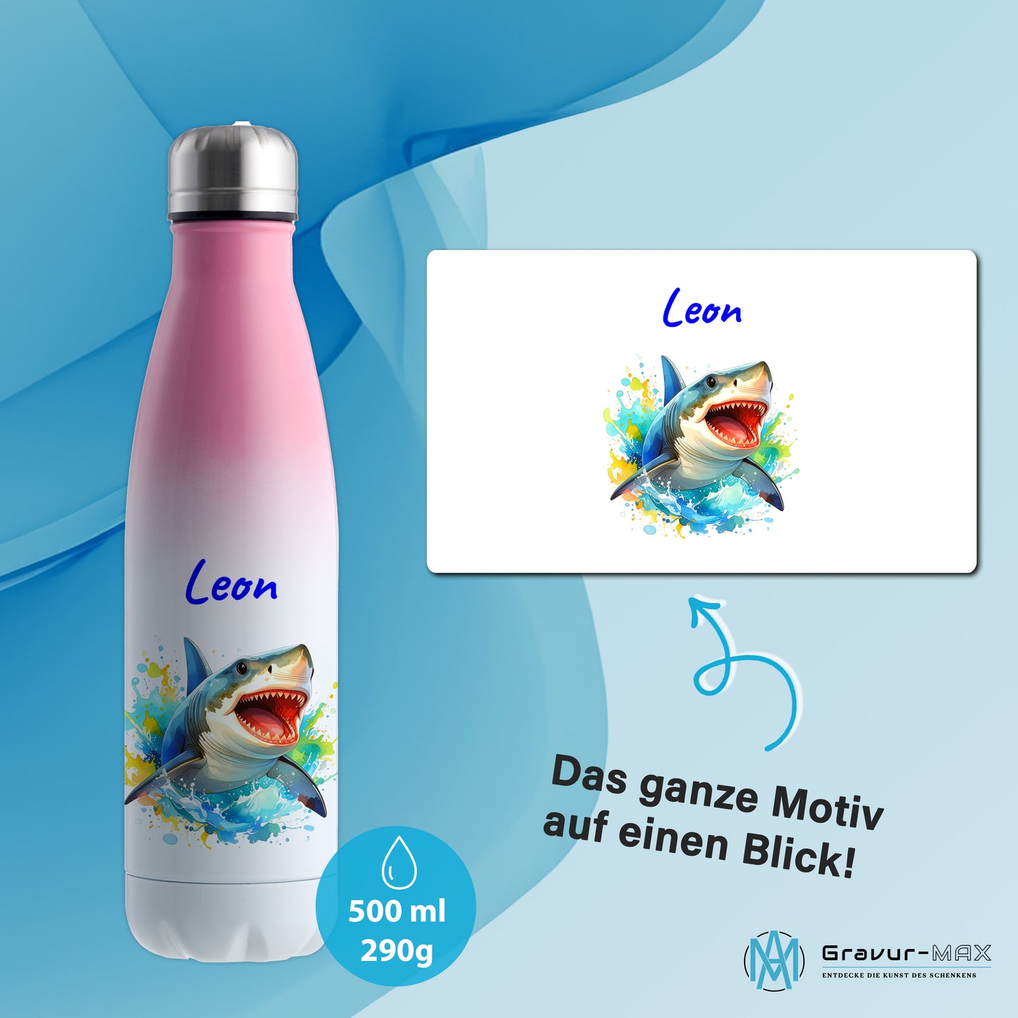 Thermoflasche 500ml in Weiß/Pink bedruckt mit tollen Motiven für Kinder "Hai" personalisierbar mit Wunschname