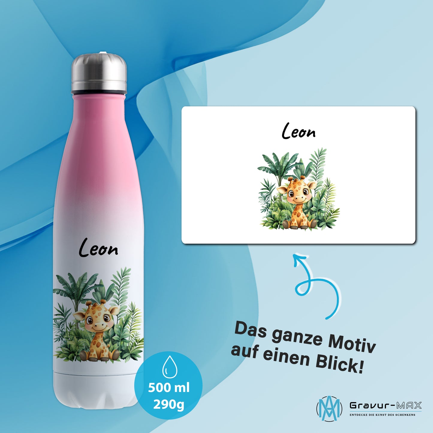 Trinkflasche mit Farbverlauf in Weiß/Pink 500ml aus Edelstahl bedruckt mit Dschungel Tieren"Giraffe" personalisierbar für Kinder mit Wunschname