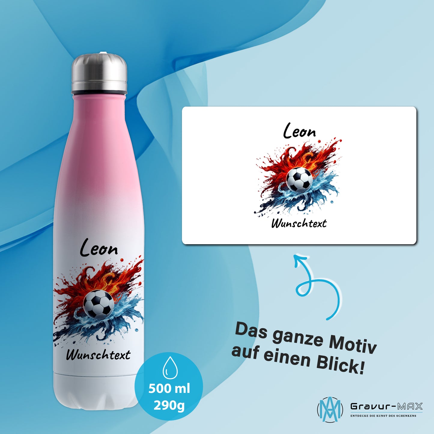 Thermoflasche 500ml in Weiß/Pink aus Edelstahl bedruckt "Fußball" Motiv12 personalisierbar mit Wunschname & Text