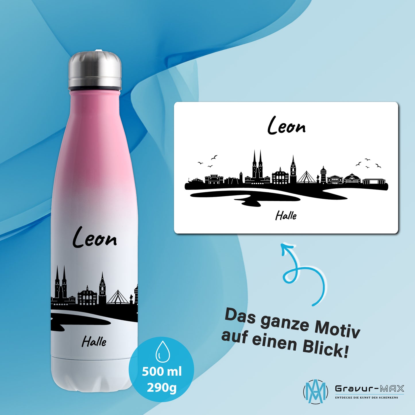 Trinkflasche in Weiß/Pink 500ml aus Edelstahl bedruckt mit der Skyline von Halle personalisierbar mit Wunschname