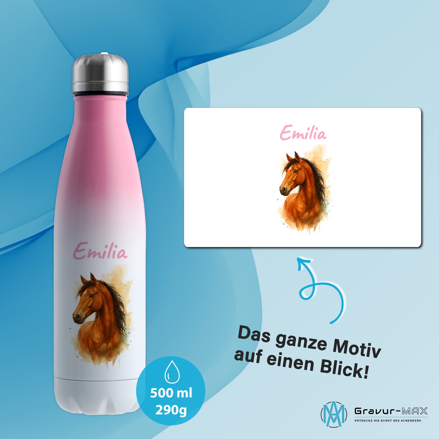 Thermoflasche 500ml in Weiß/Pink bedruckt mit tollen Motiven für Kinder "Pferd" personalisierbar mit Wunschname