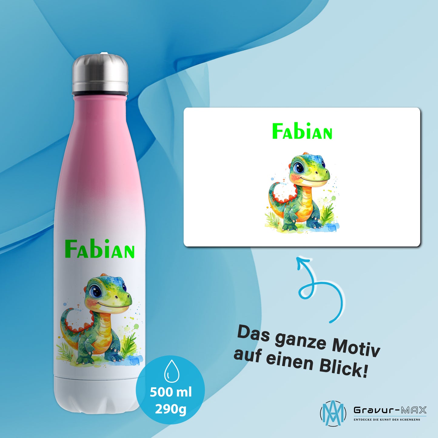 Thermoflasche 500ml in Weiß/Pink bedruckt mit tollen Motiven für Kinder "Dino Kinder" personalisierbar mit Wunschname