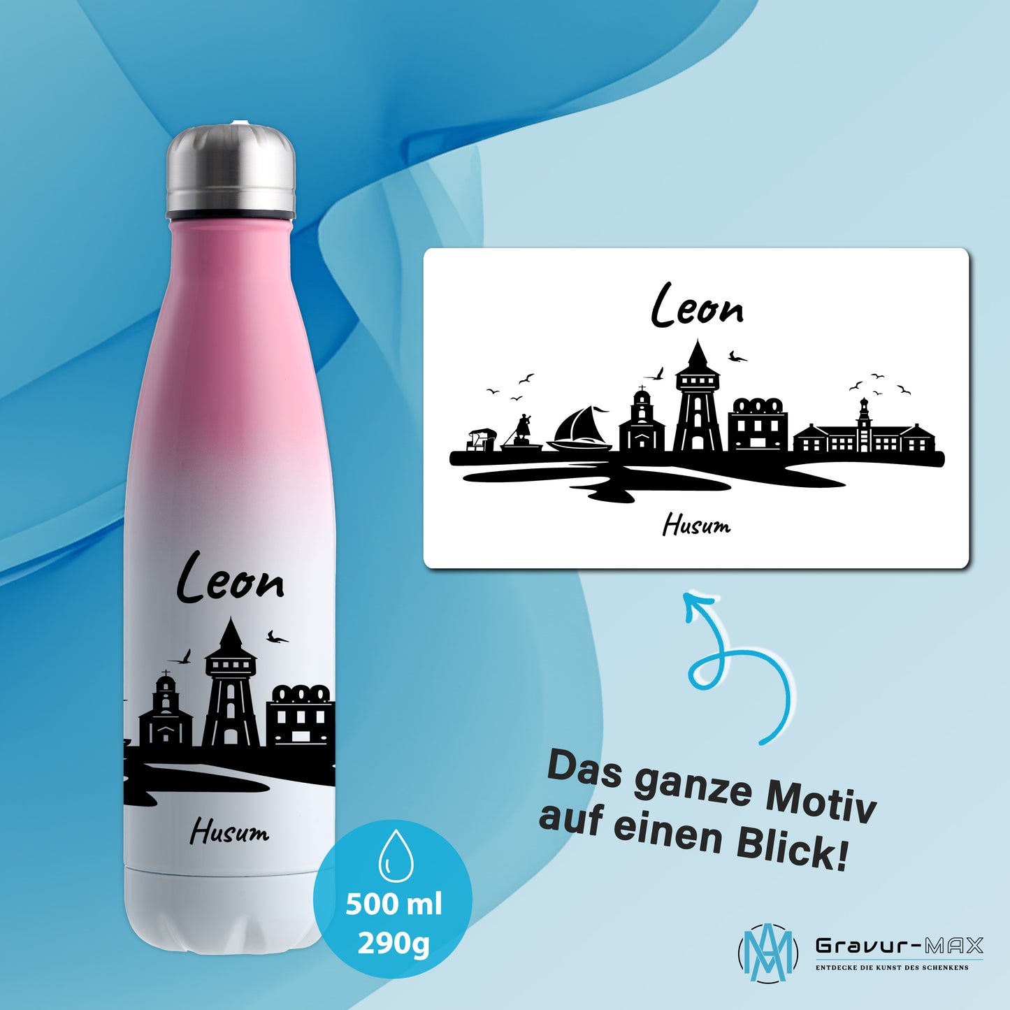 Trinkflasche in Weiß/Pink 500ml aus Edelstahl bedruckt mit der Skyline von Husum personalisierbar mit Wunschname