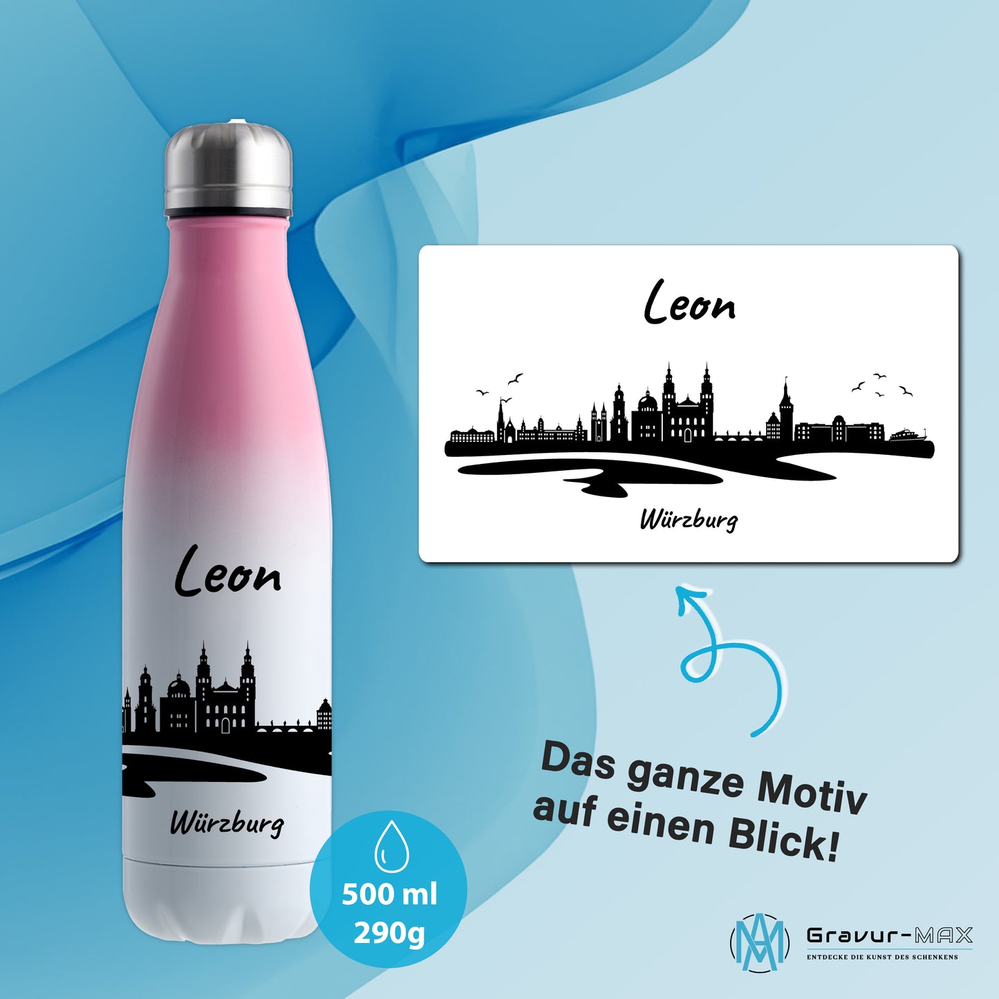 Trinkflasche in Weiß/Pink 500ml aus Edelstahl bedruckt mit der Skyline von Würzburg personalisierbar mit Wunschname