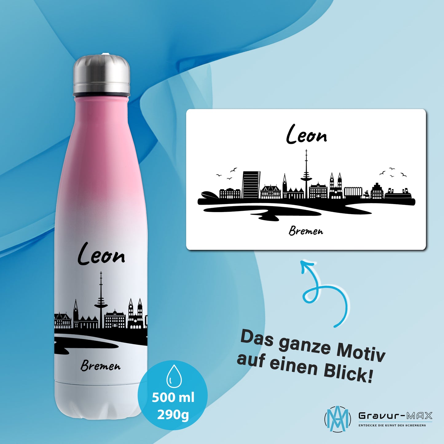 Trinkflasche in Weiß/Pink 500ml aus Edelstahl bedruckt mit der Skyline von Bremen personalisierbar mit Wunschname