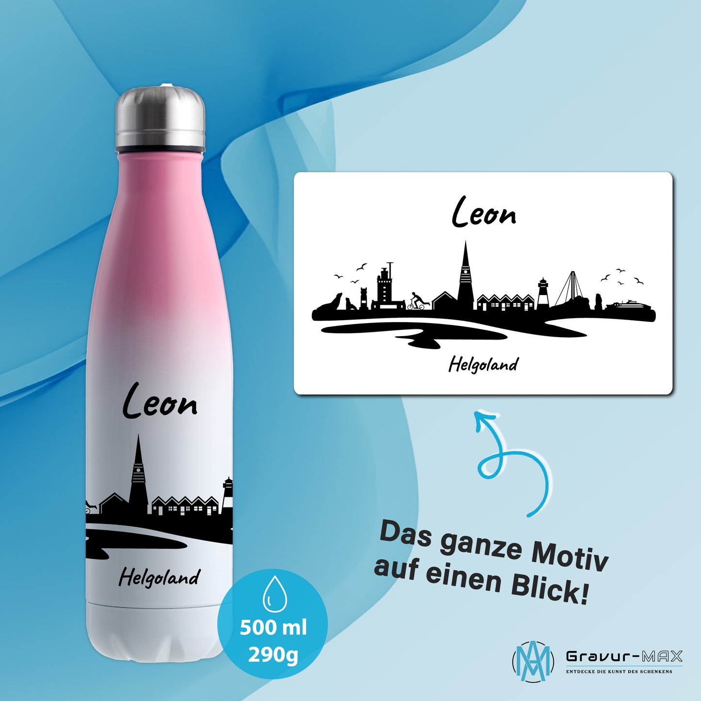 Trinkflasche in Weiß/Pink 500ml aus Edelstahl bedruckt mit der Skyline von Helgoland personalisierbar mit Wunschname