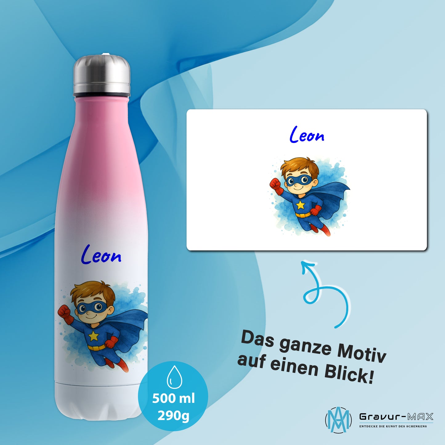 Thermoflasche 500ml in Weiß/Pink bedruckt mit tollen Motiven für Kinder "Superheld" personalisierbar mit Wunschname