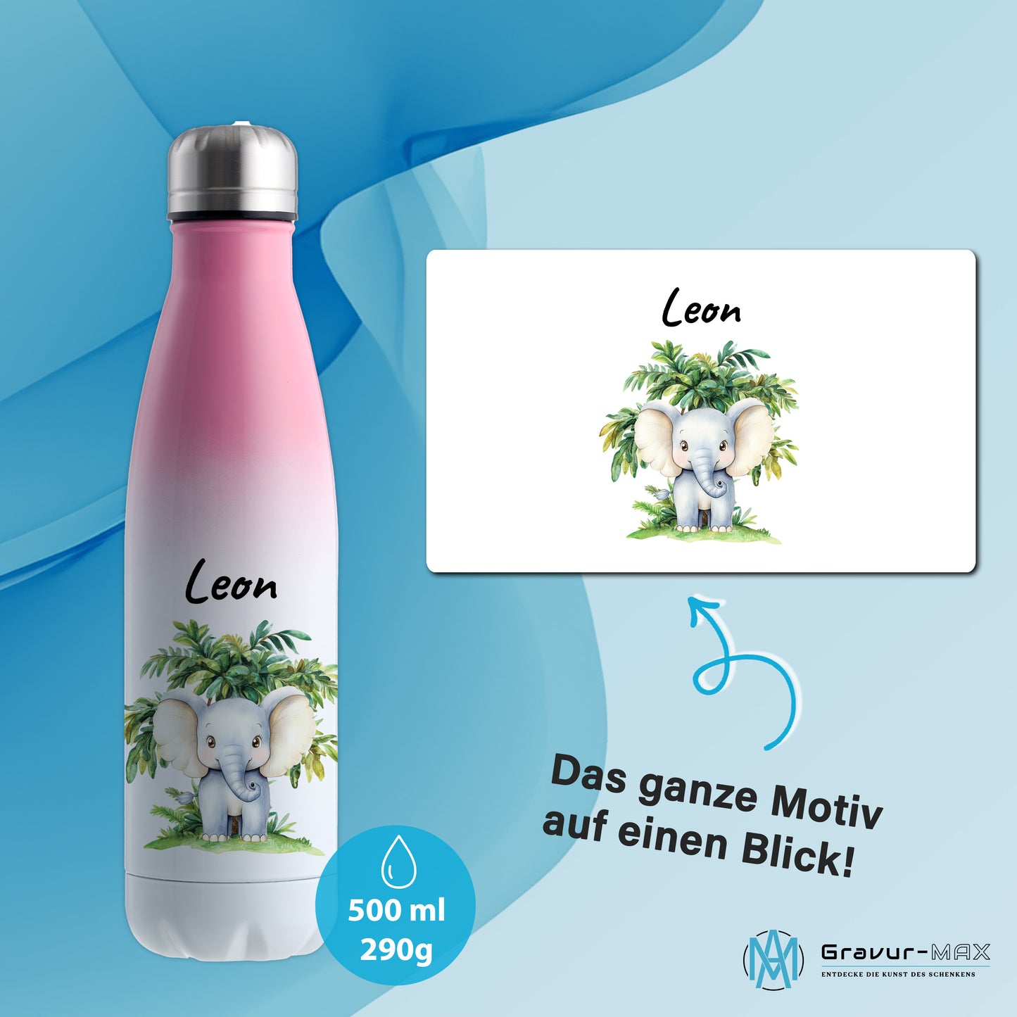 Trinkflasche mit Farbverlauf in Weiß/Pink 500ml aus Edelstahl bedruckt mit Dschungel Tieren"Elefant" personalisierbar für Kinder mit Wunschname