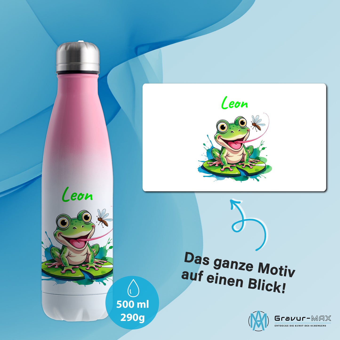 Trinkflasche in Weiß/Pink 500ml aus Edelstahl bedruckt mit niedlichen Tieren "Frosch" personalisierbar für Kinder mit Wunschname