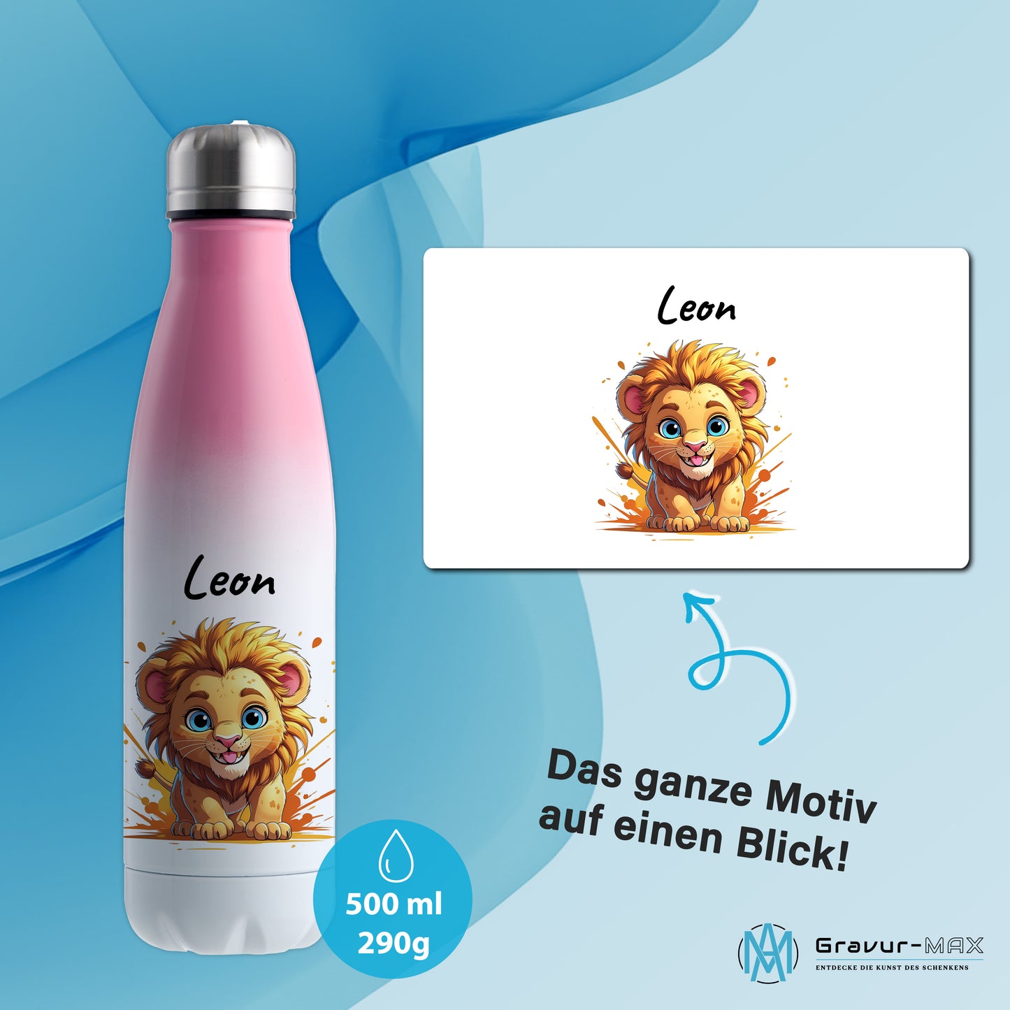 Trinkflasche in Weiß/Pink 500ml aus Edelstahl bedruckt mit niedlichen Tieren "Löwe" personalisierbar für Kinder mit Wunschname
