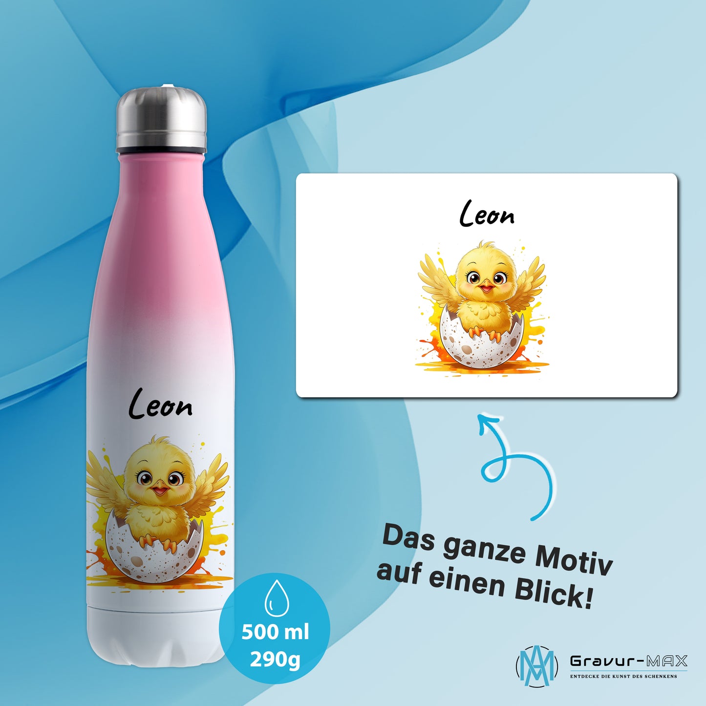 Trinkflasche in Weiß/Pink 500ml aus Edelstahl bedruckt mit niedlichen Tieren "Küken" personalisierbar für Kinder mit Wunschname