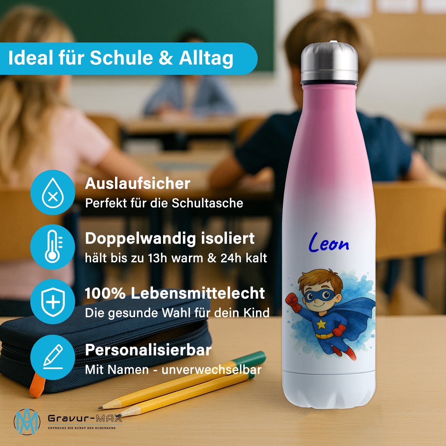 Thermoflasche 500ml in Weiß/Pink bedruckt mit tollen Motiven für Kinder "Superheld" personalisierbar mit Wunschname