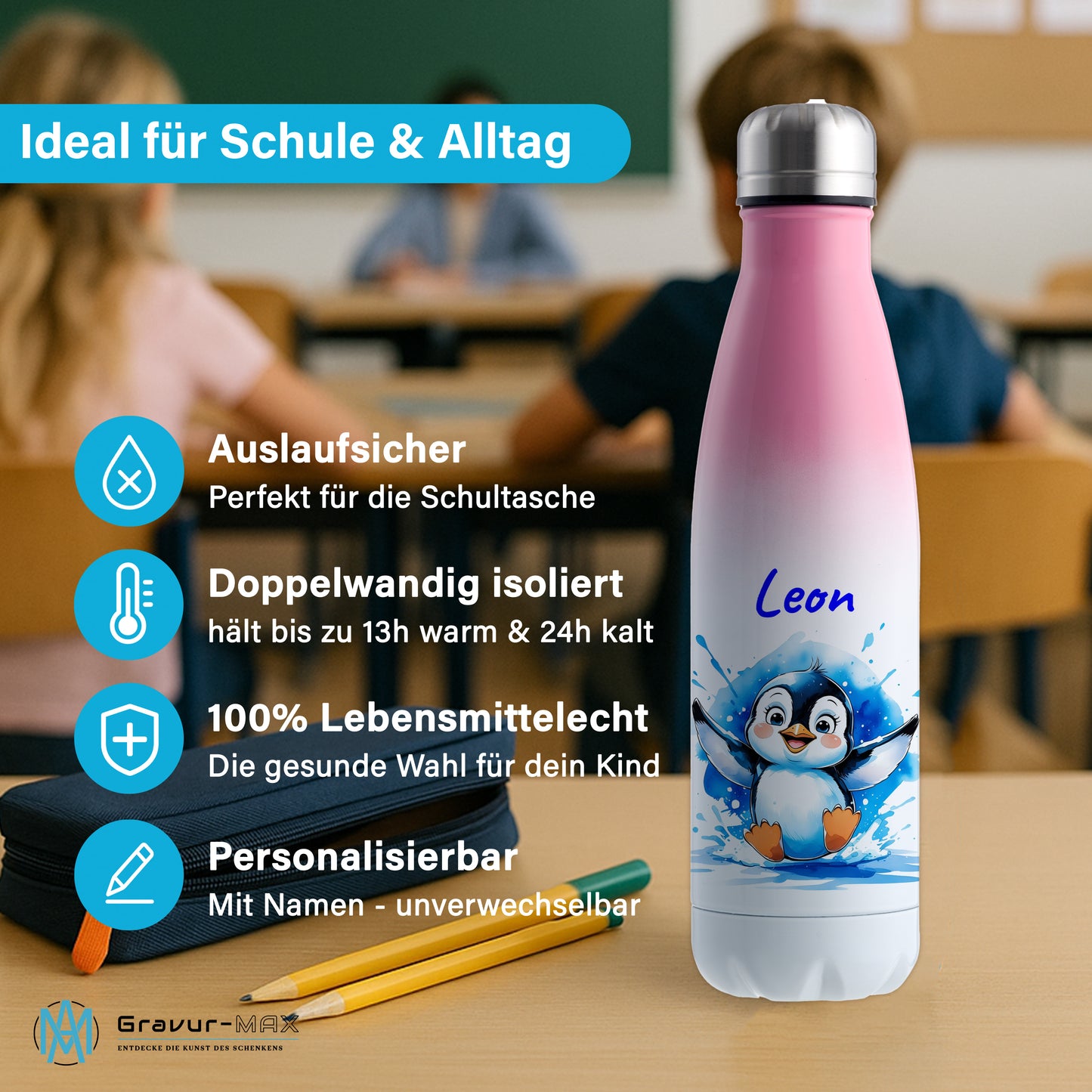 Trinkflasche in Weiß/Pink 500ml aus Edelstahl bedruckt mit niedlichen Tieren "Pinguin" personalisierbar für Kinder mit Wunschname