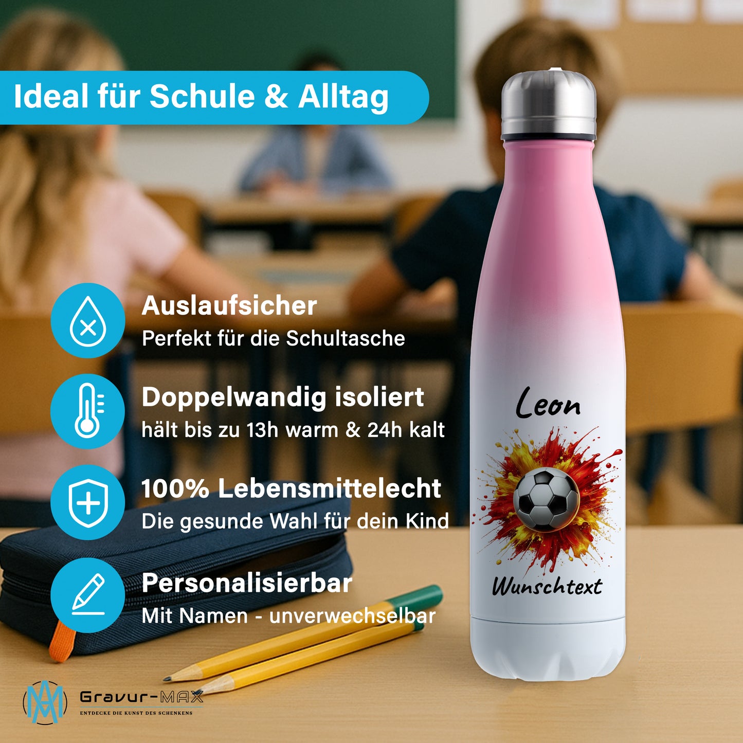 Thermoflasche 500ml in Weiß/Pink aus Edelstahl bedruckt "Fußball" Motiv9 personalisierbar mit Wunschname & Text