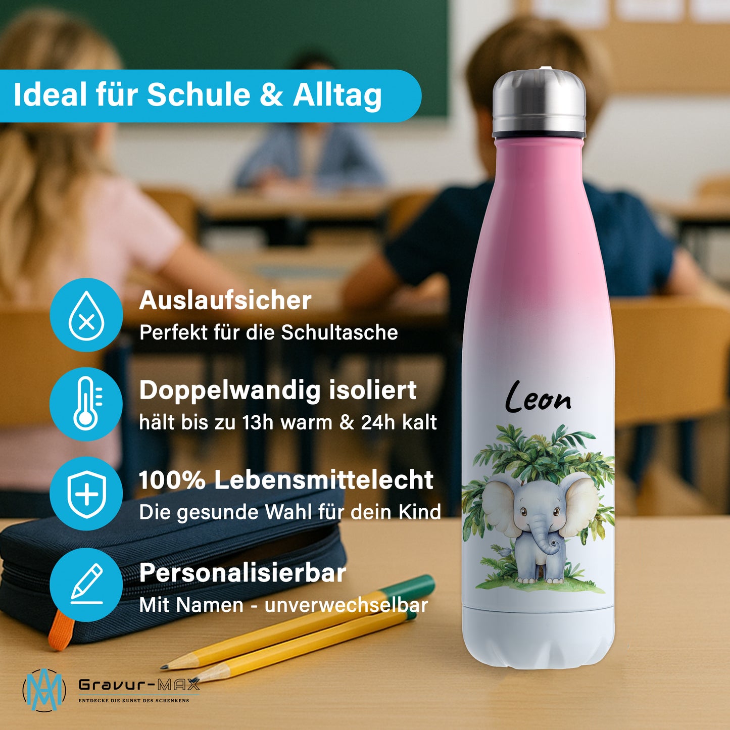 Trinkflasche mit Farbverlauf in Weiß/Pink 500ml aus Edelstahl bedruckt mit Dschungel Tieren"Elefant" personalisierbar für Kinder mit Wunschname